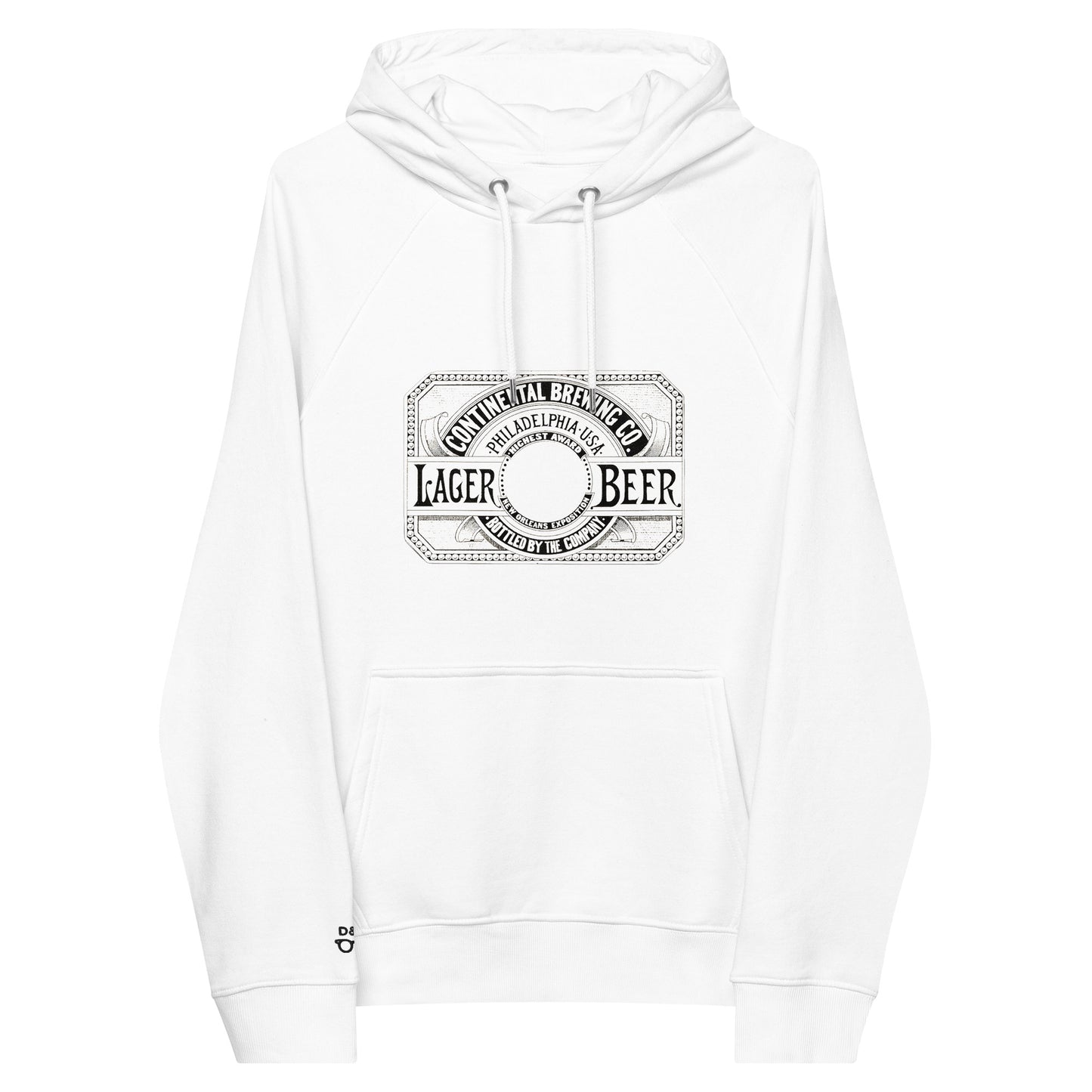White organic cotton hoodie featuring a print of a retro print of a vintage beer manufacturer continent brewing lager beer Philadelphia USA