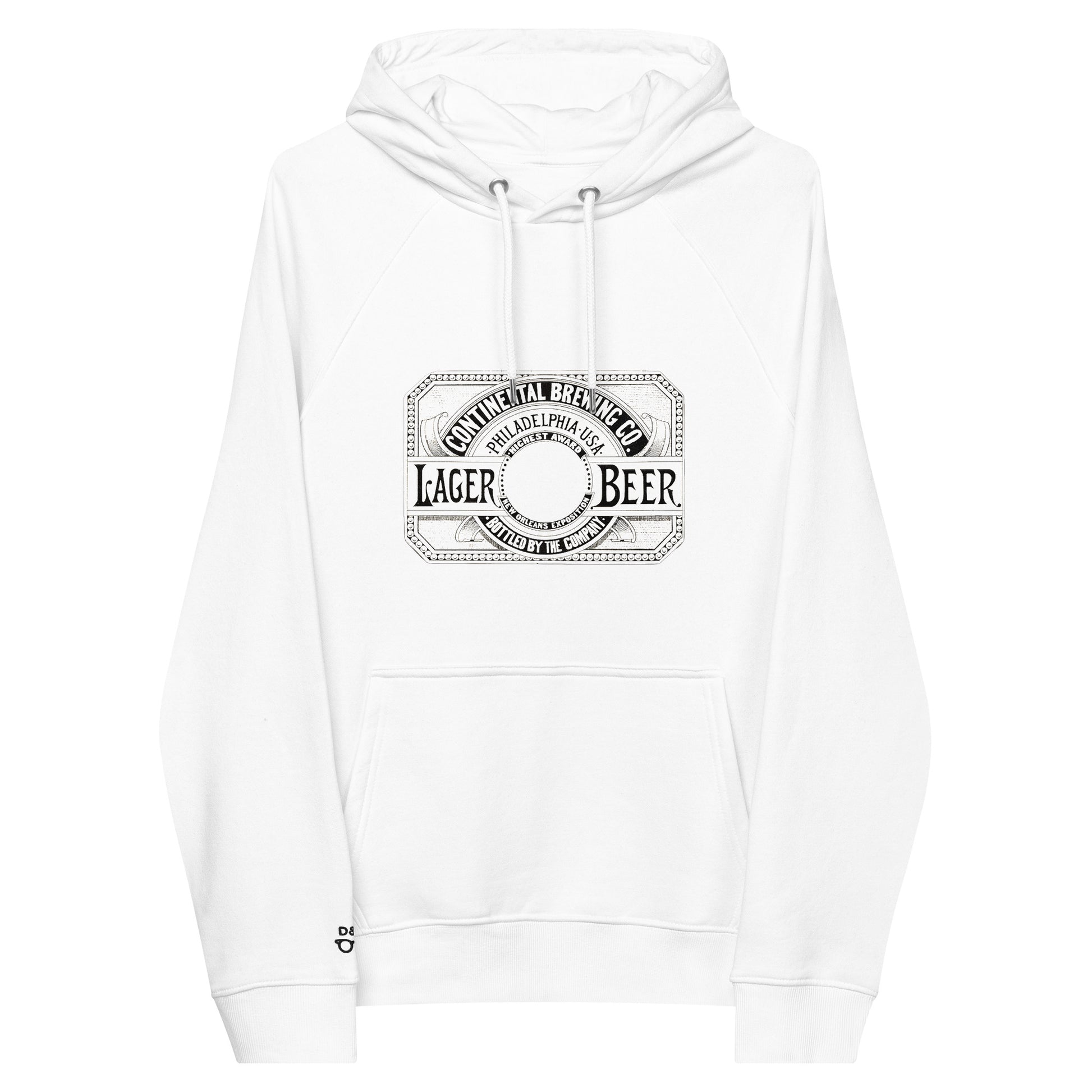 White organic cotton hoodie featuring a print of a retro print of a vintage beer manufacturer continent brewing lager beer Philadelphia USA