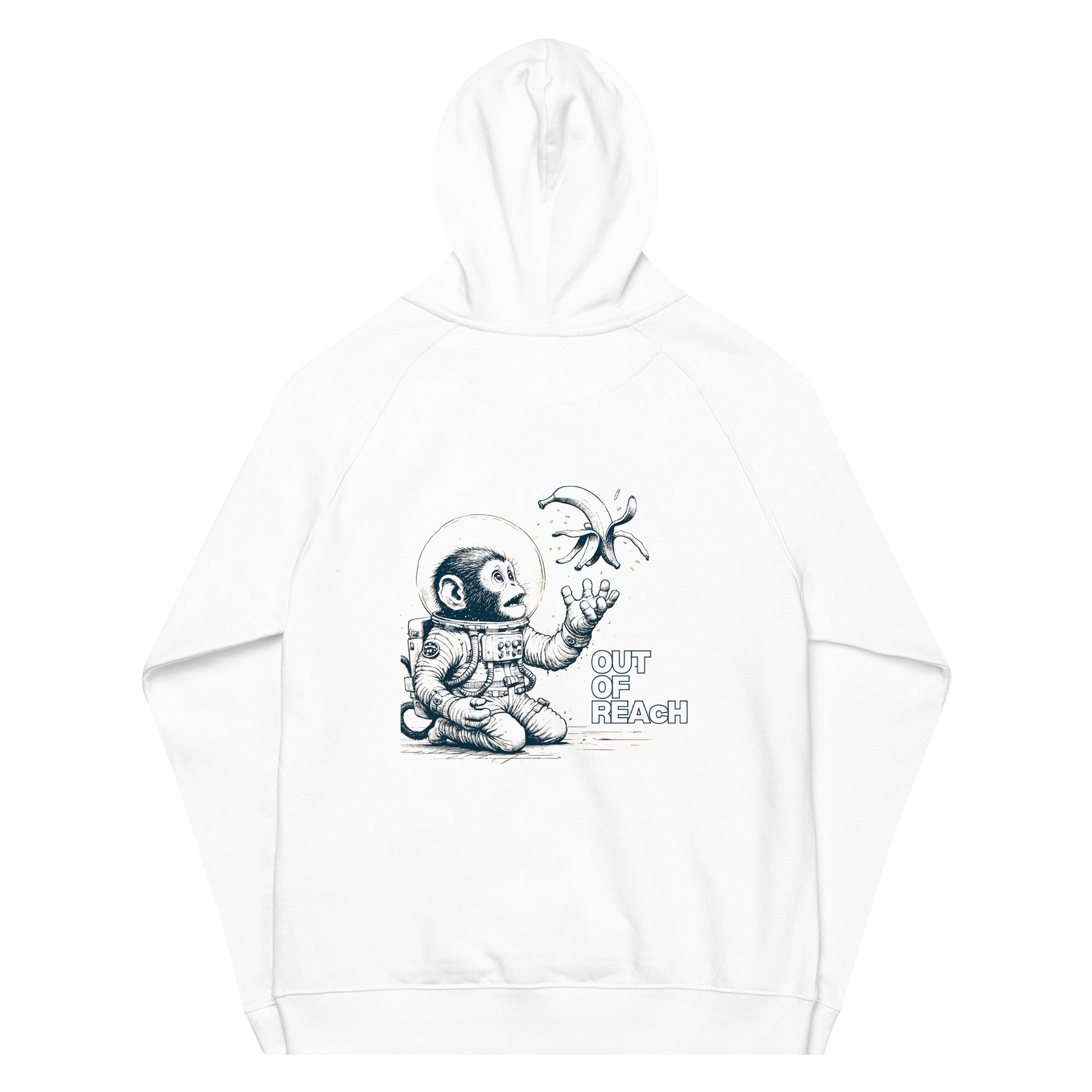 Close‑up of astronaut monkey graphic reaching for a banana on eco hoodie