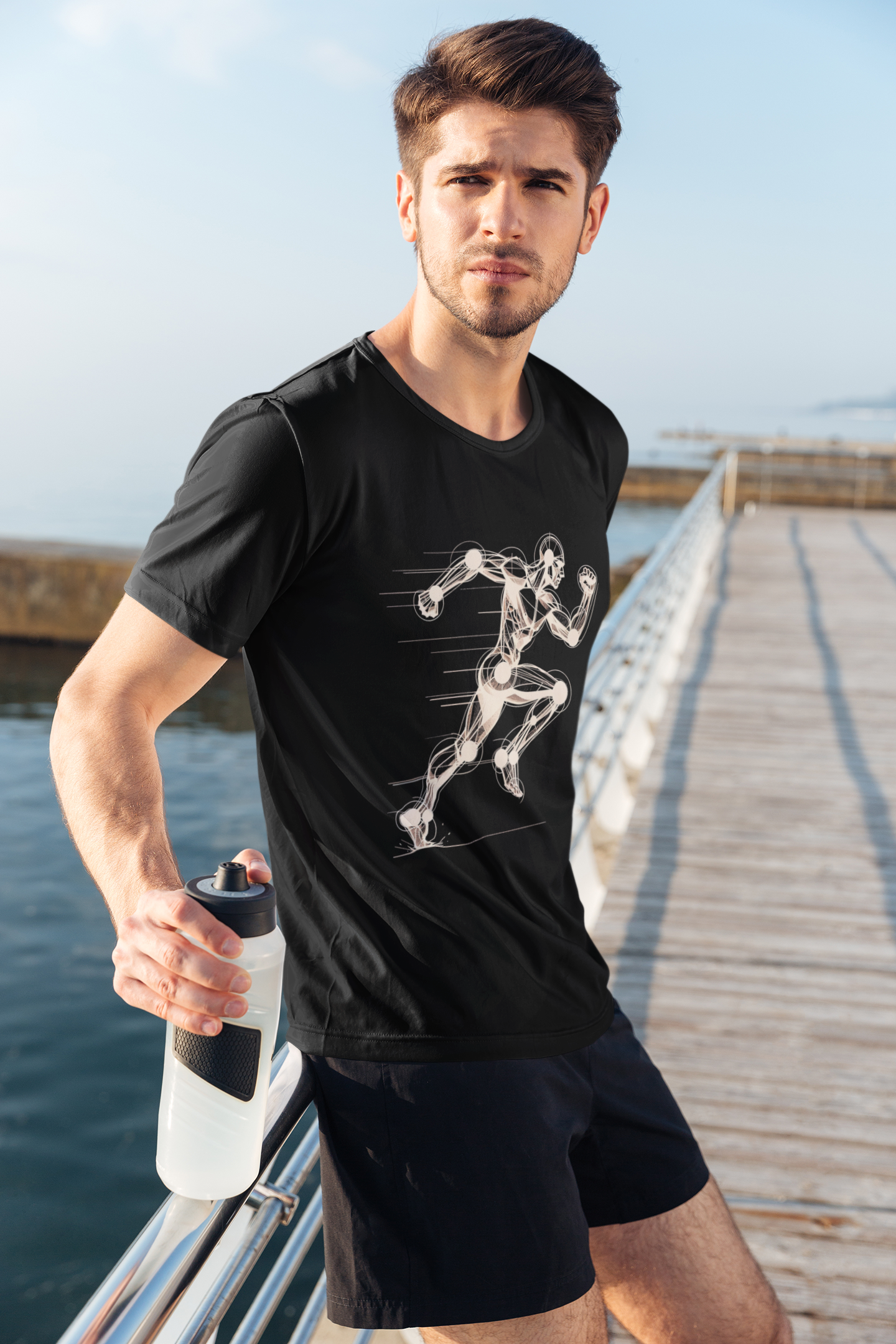 cool sport Cotton t-shirt with an artistic Wood Mannequin-style drawing of a running figure, highlighting dynamic and creative design ideal for runners. water bottle