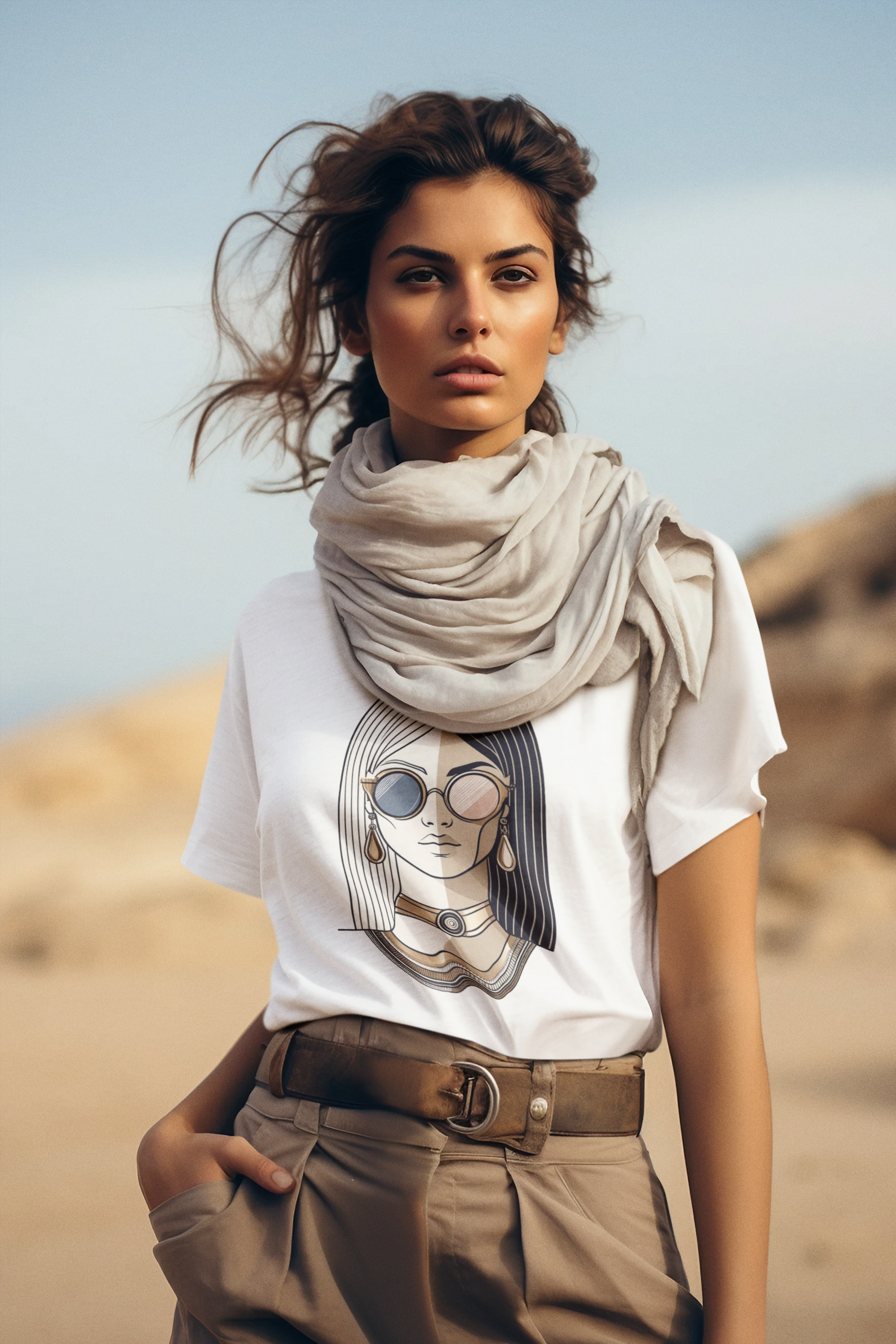 Woman wearing Edgy Cleopatra Graphic T-Shirt styled in the desert with a shawl