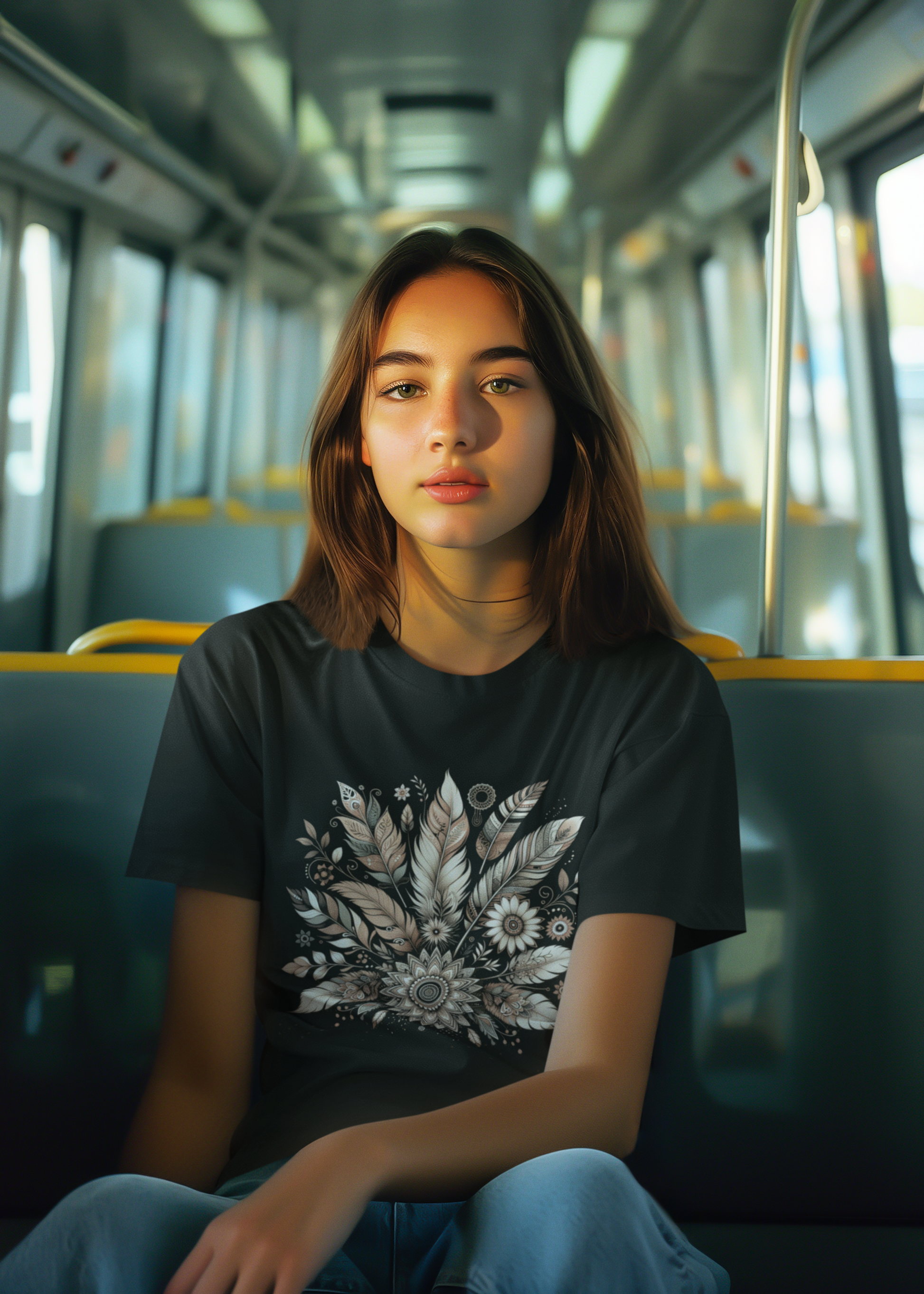 Woman in a bus wearing Black crew neck tshirt with a boho print of feathers and flowers