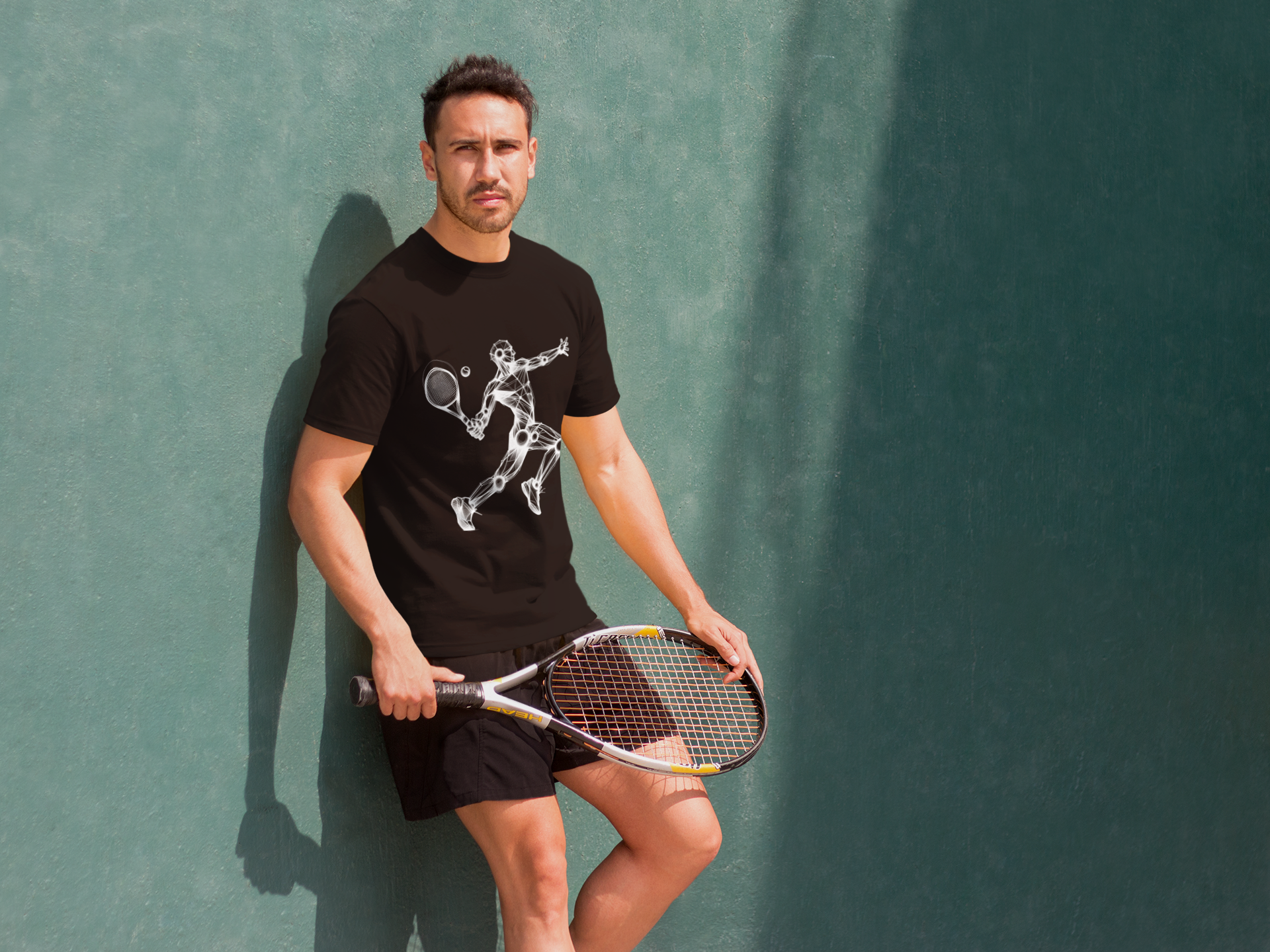 Cotton t-shirt with an artistic Wood Mannequin-style drawing of a tennis player in action, highlighting dynamic and creative design ideal for tennis enthusiasts.