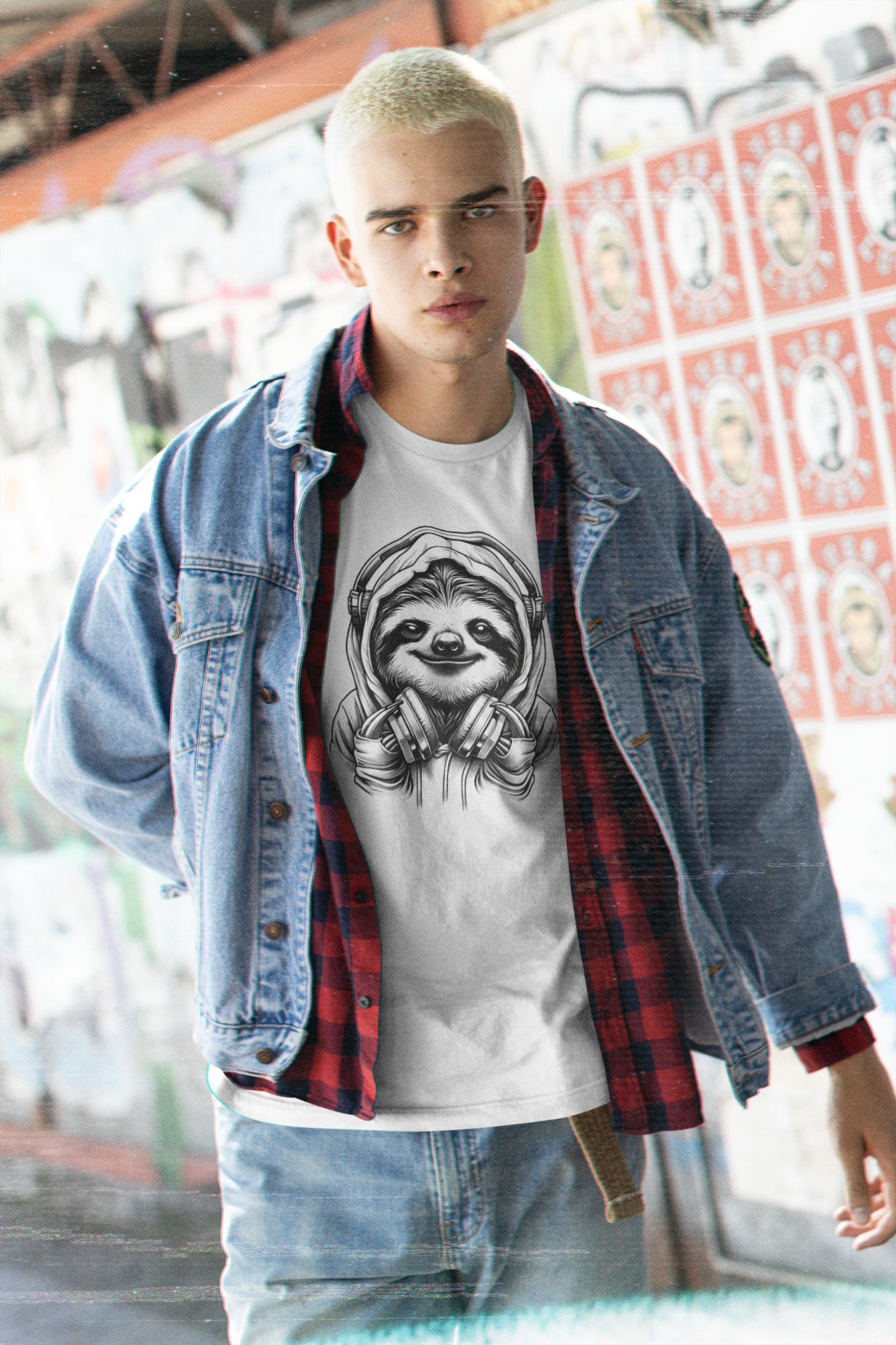 Cotton t-shirt featuring a sloth wearing a hoodie and headphones, ideal for those who appreciate fun and musical designs cool man lay down white