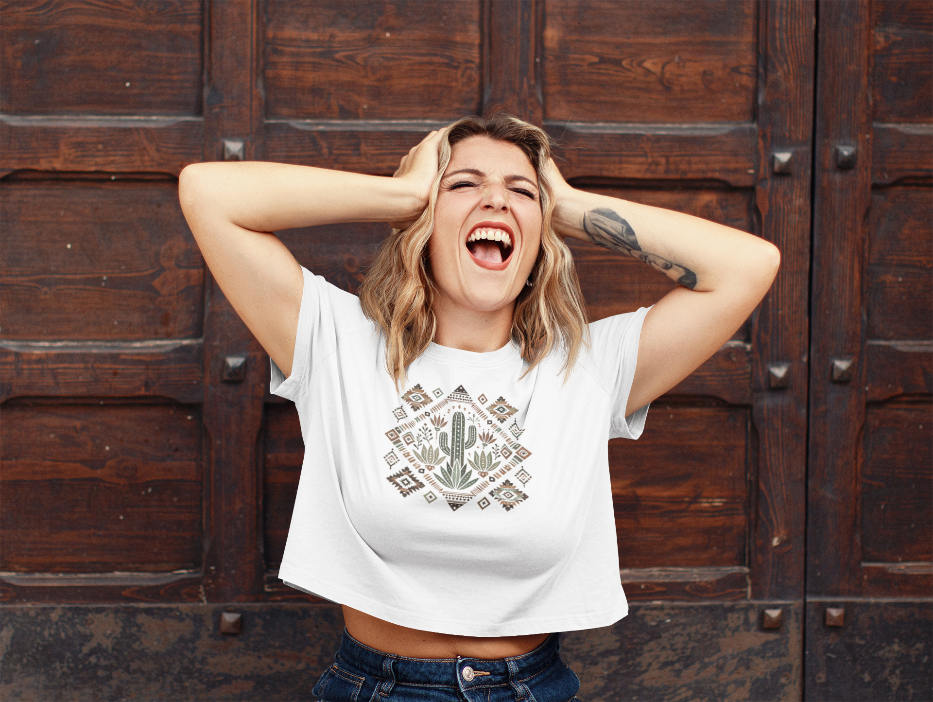 Women's crop top featuring a detailed cactus and geometric pattern print, perfect for desert-inspired fashion