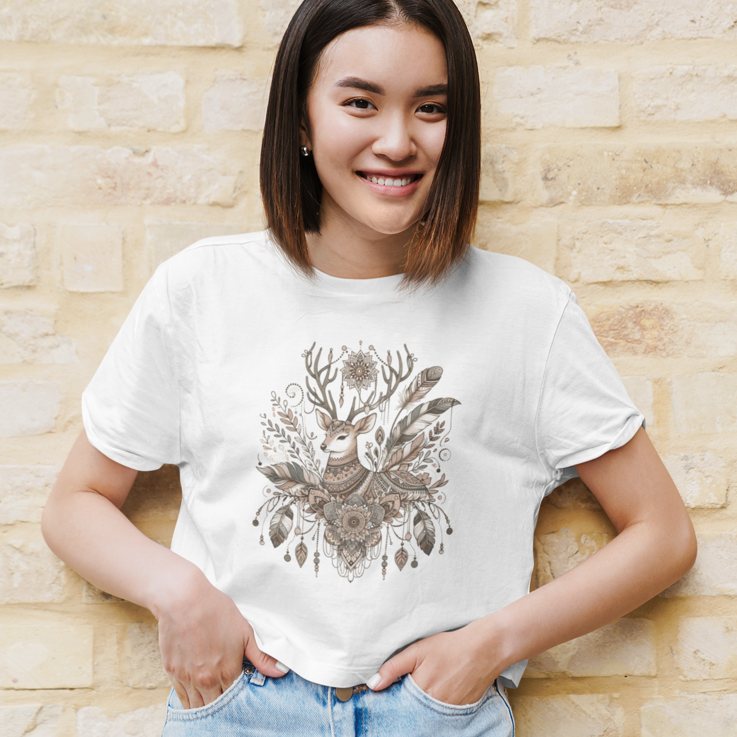 Woman wearing a white crop top with a detailed deer design featuring feathers and floral patterns from the Catching Dreams Collection