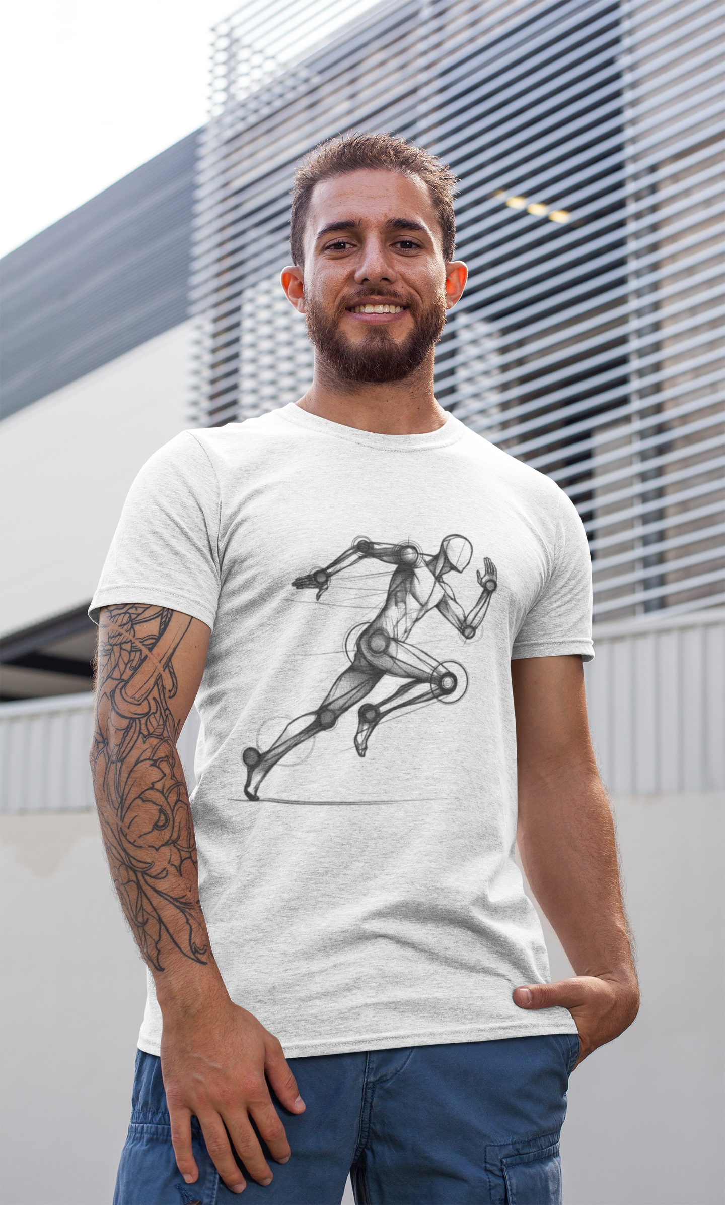 Cool Man in a cool T-shirt from Cotton loose fit  runner graphic in black and white, showcasing dynamic motion and modern design.