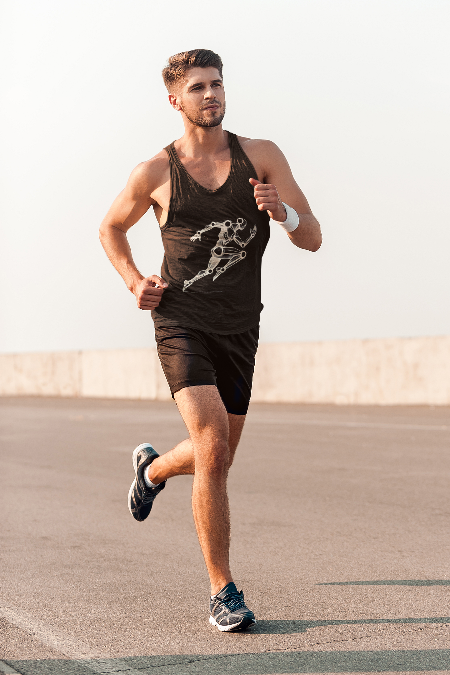 man working Dark cotton tank top with an artistic Wood Mannequin-style drawing of a running figure, highlighting dynamic and creative design ideal for runners.