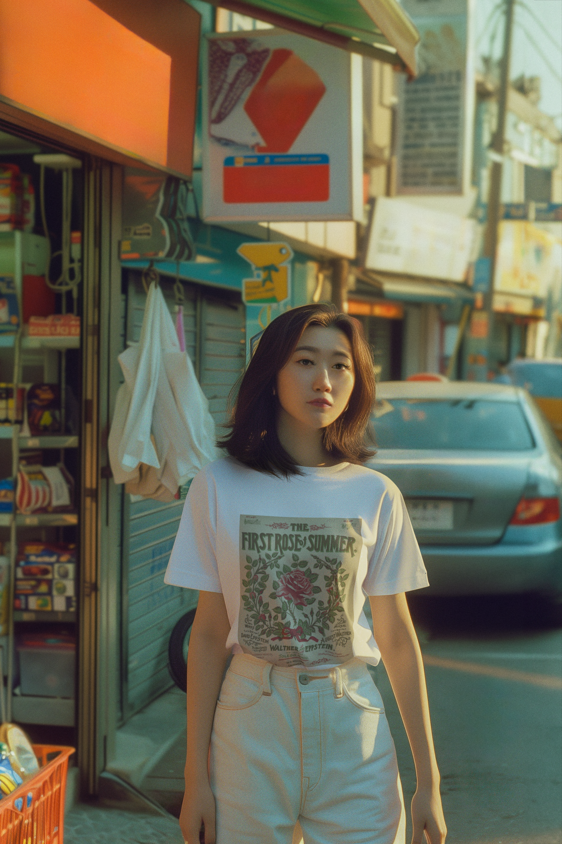 Woman wearing a white t-shirt with short sleeves featuring a real vintage print with rose and leaves design