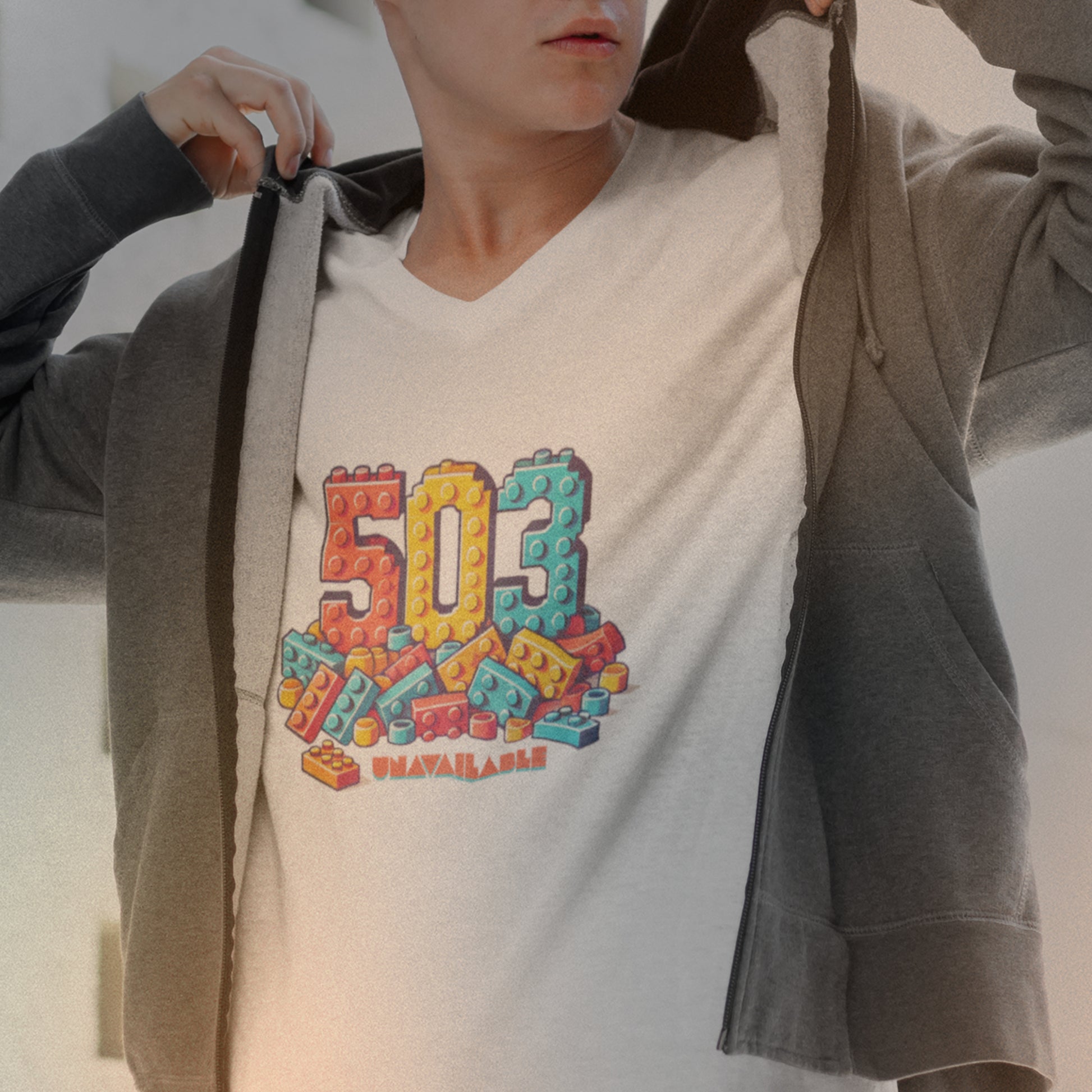 man wearing a white t-shirt with a cool print and v neckline and a grey hoodie