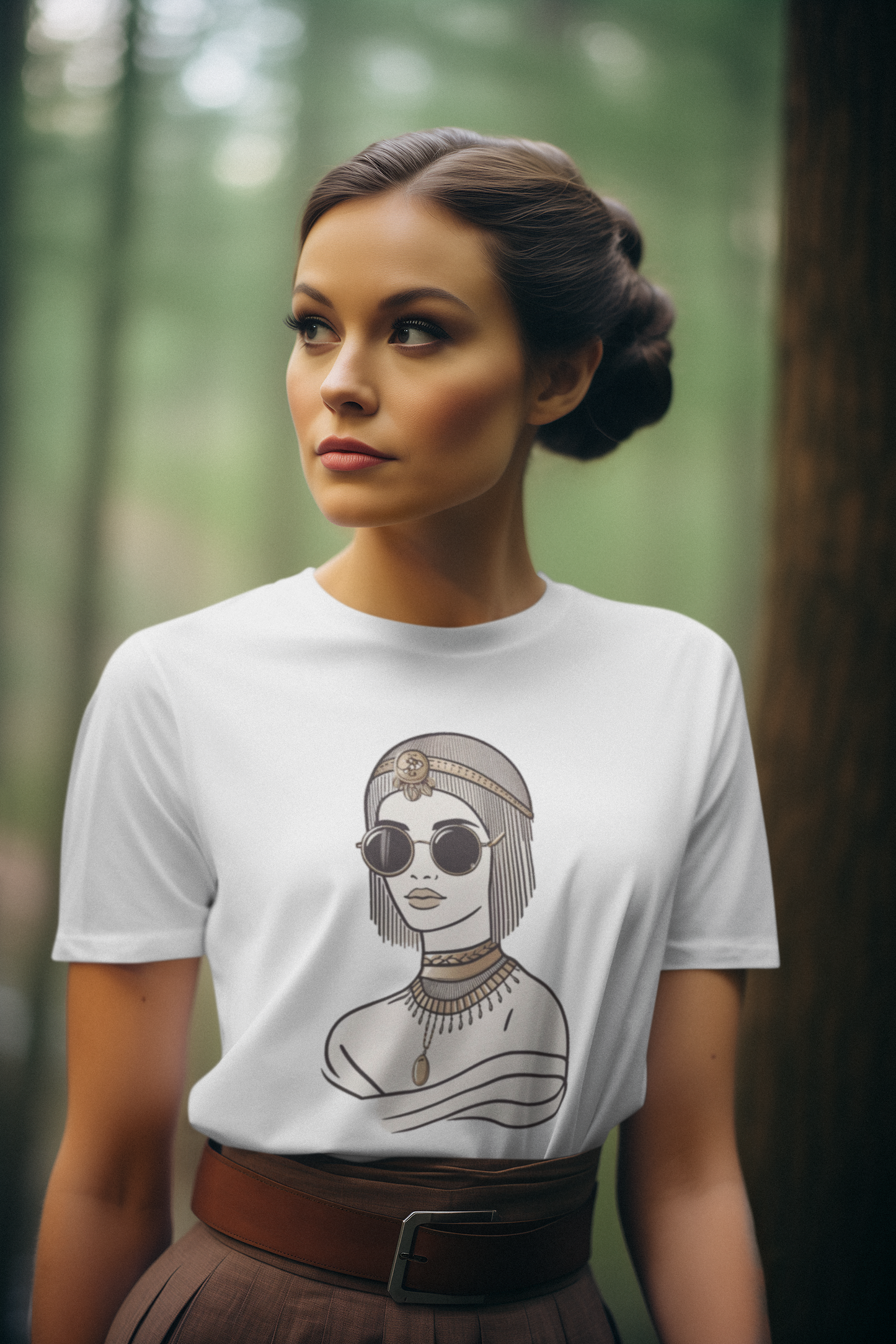 Woman wearing a Cleopatra graphic tee, showcasing an illustration of Cleopatra with sunglasses, headpiece, and jewelry on a 100% cotton shirt.