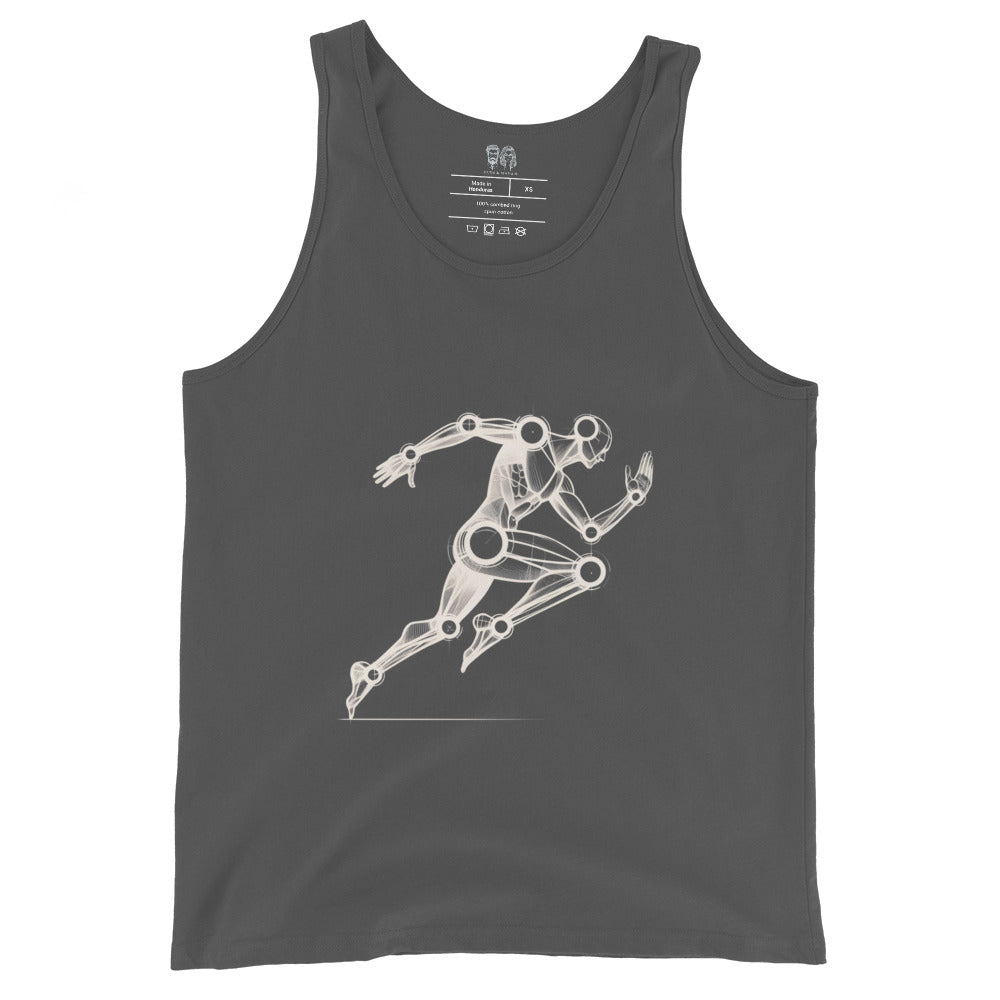 gray Dark cotton tank top with an artistic Wood Mannequin-style drawing of a running figure, highlighting dynamic and creative design ideal for runners.