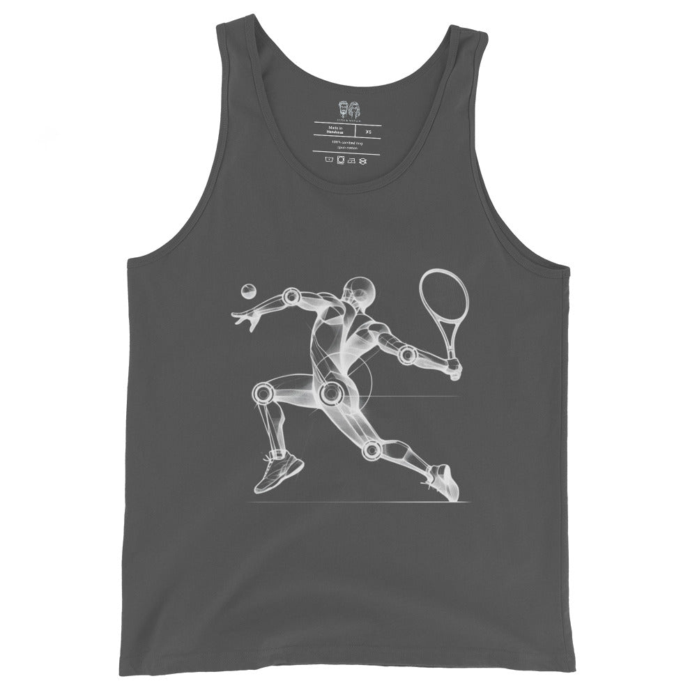 Gray Dark cotton tank top with an artistic drawing of a tennis player in mid-swing, highlighting dynamic and creative design ideal for tennis enthusiasts.