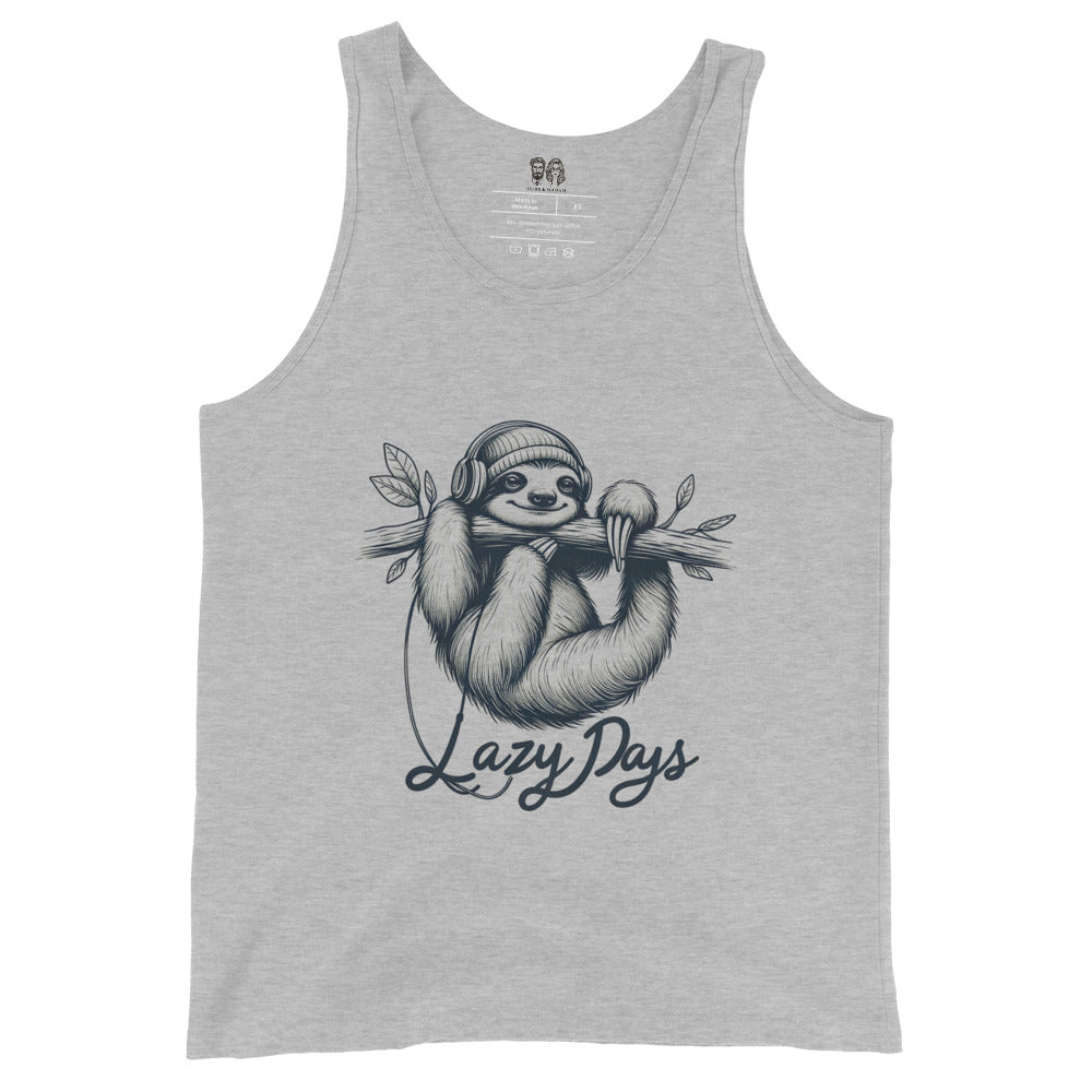 lay back Cotton tank top featuring a sloth hanging from a branch with headphones and the text 'Lazy Days', perfect for a relaxed and playful look.