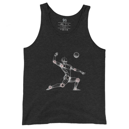 Dark cotton tank top with an artistic Wood Mannequin-style drawing of a volleyball player in action, highlighting dynamic and creative design ideal for volleyball enthusiasts.