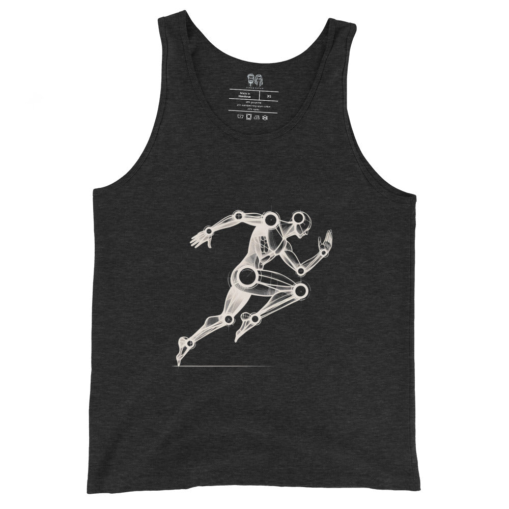 Dark cotton tank top with an artistic Wood Mannequin-style drawing of a running figure, highlighting dynamic and creative design ideal for runners.