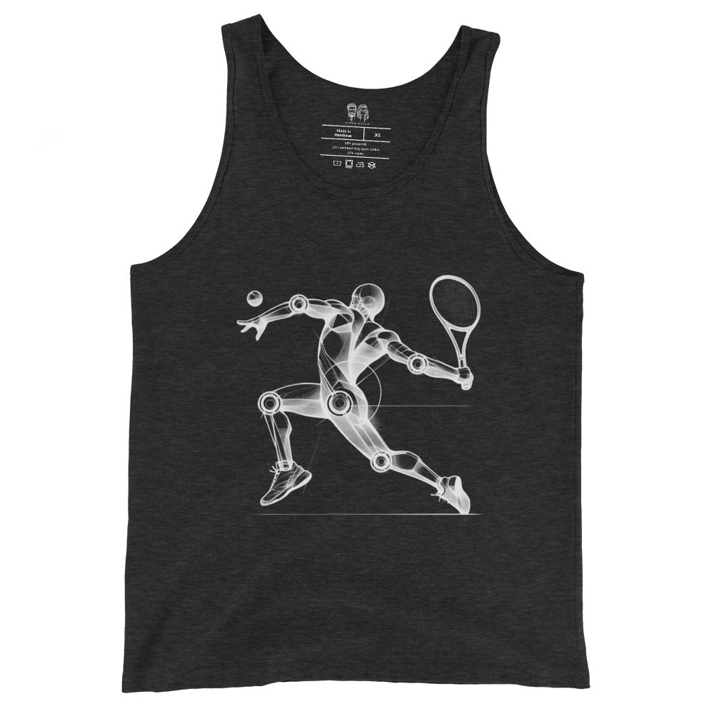 Dark cotton tank top with an artistic Wood Mannequin-style drawing of a tennis player in mid-swing, highlighting dynamic and creative design ideal for tennis enthusiasts.