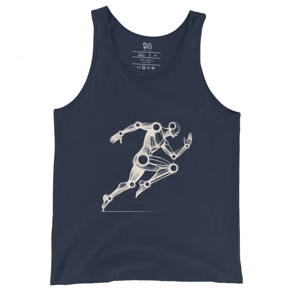 navy blue Dark cotton tank top with an artistic Wood Mannequin-style drawing of a running figure, highlighting dynamic and creative design ideal for runners.