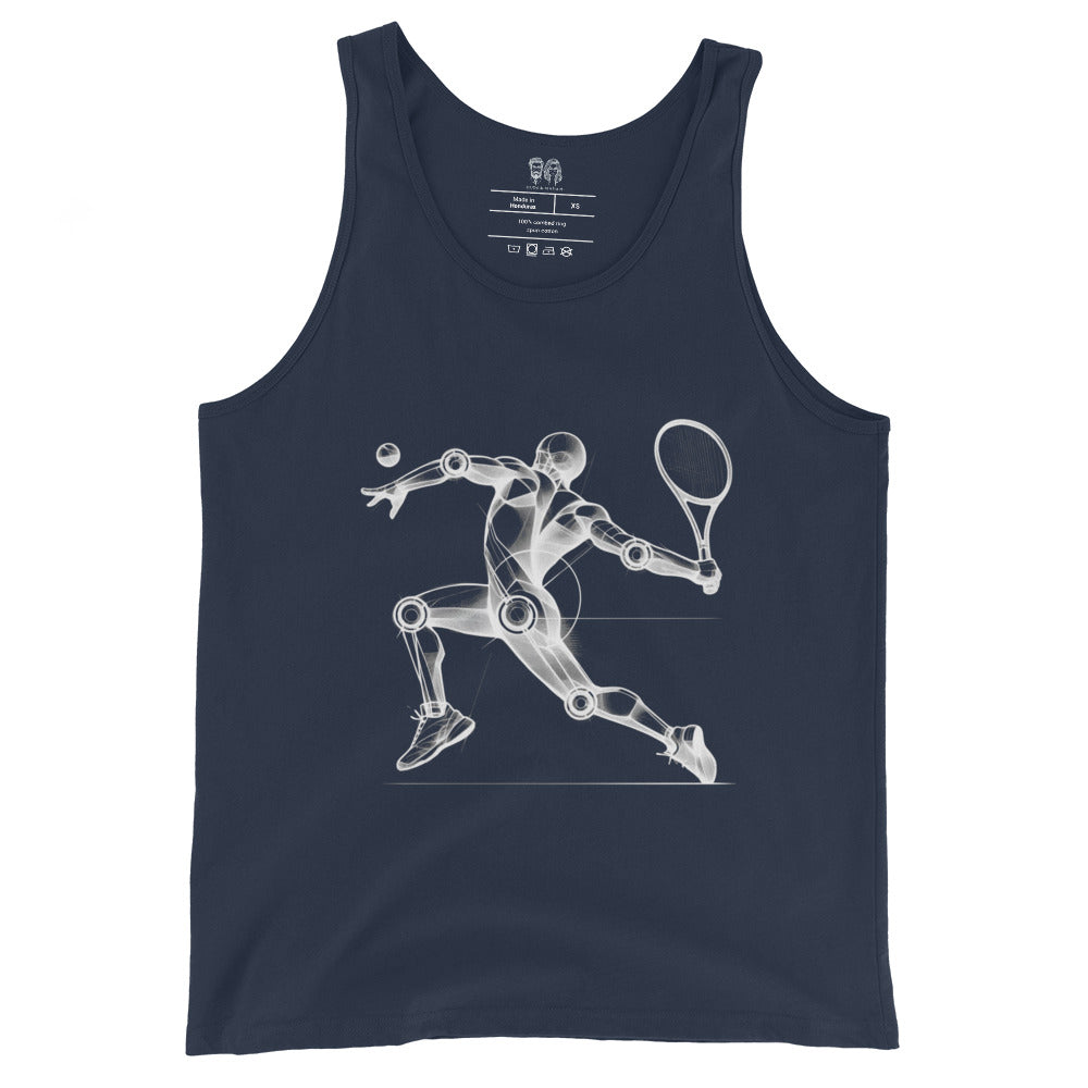 Navy Dark cotton tank top with an artistic Wood Mannequin-style drawing of a tennis player in mid-swing, highlighting dynamic and creative design ideal for tennis enthusiasts.