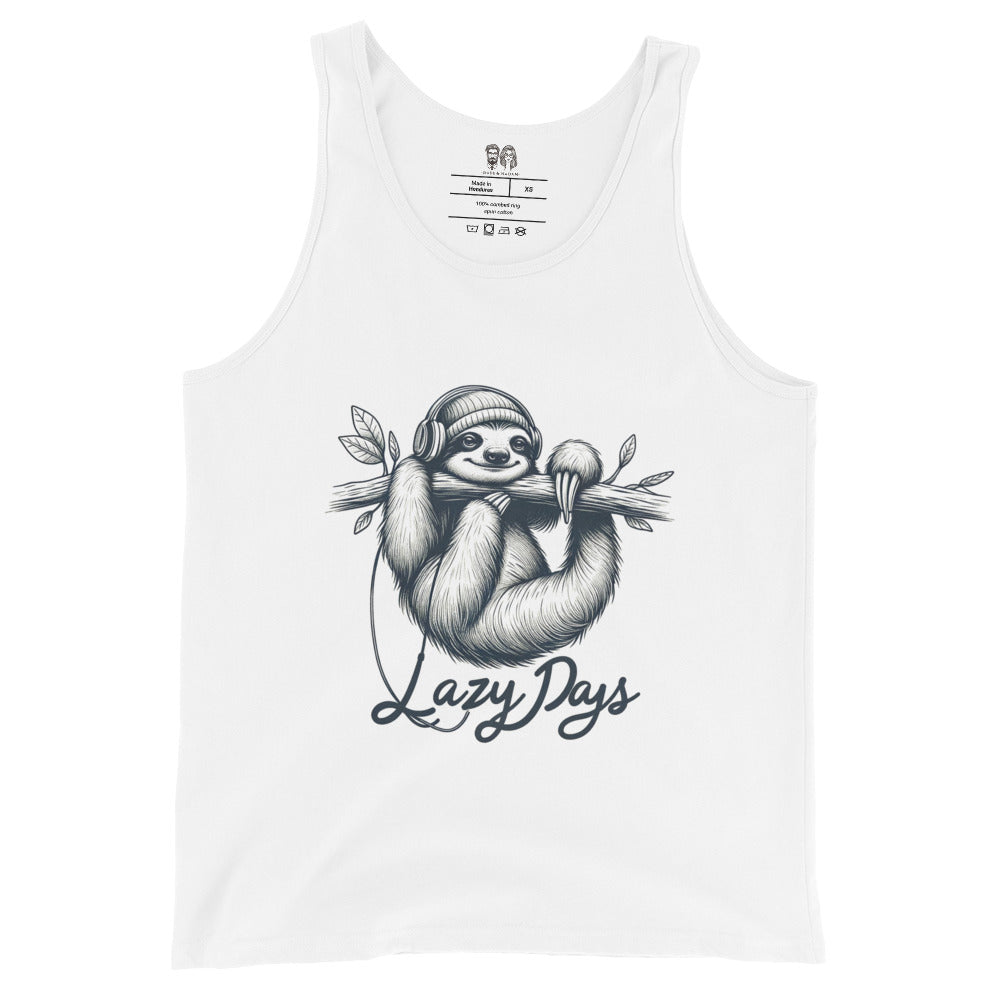 Cotton tank top featuring a sloth hanging from a branch with headphones and the text 'Lazy Days', perfect for a relaxed and playful look.