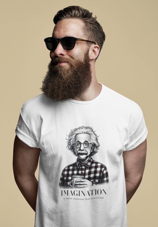 Modern Ghosts Collection Hipster-style T-shirt featuring Albert Einstein with a coffee cup, wearing a gingham shirt, cool scarf, glasses, and a beard. The T-shirt includes the quote 'Imagination is more important than knowledge