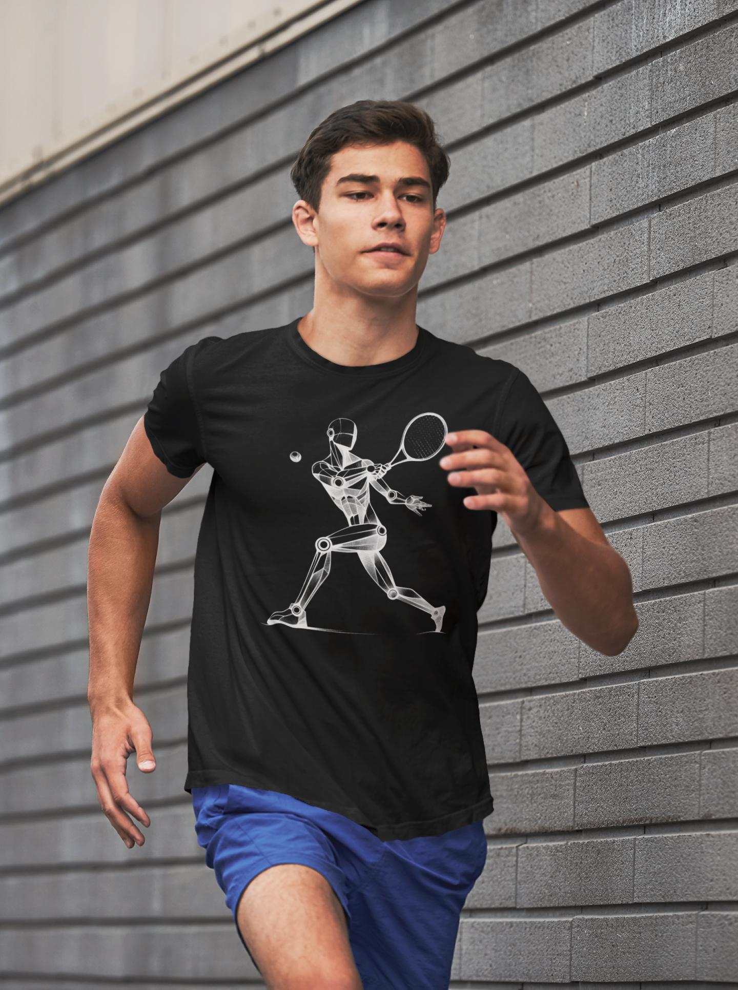 Runner player whearing Black cotton t-shirt with an artistic Wood Mannequin-style drawing of a tennis player in action, highlighting dynamic and creative design ideal for tennis enthusiasts.