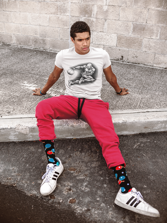 cool man cool socks Cotton loose fit t-shirt with a detailed Len Mannequin-inspired drawing of a basketball player in action, showcasing artistic and dynamic design.