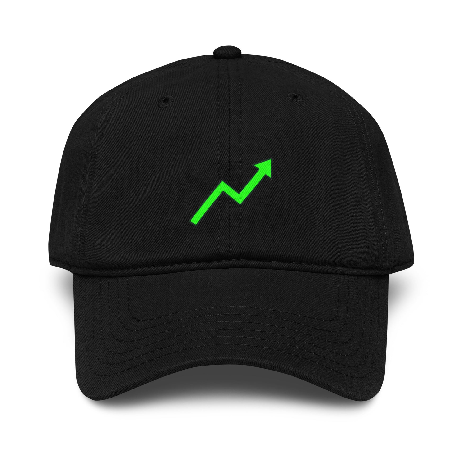 Black baseball cap featuring a bright neon-green zigzag uptrend arrow printed on the front.Product mockup