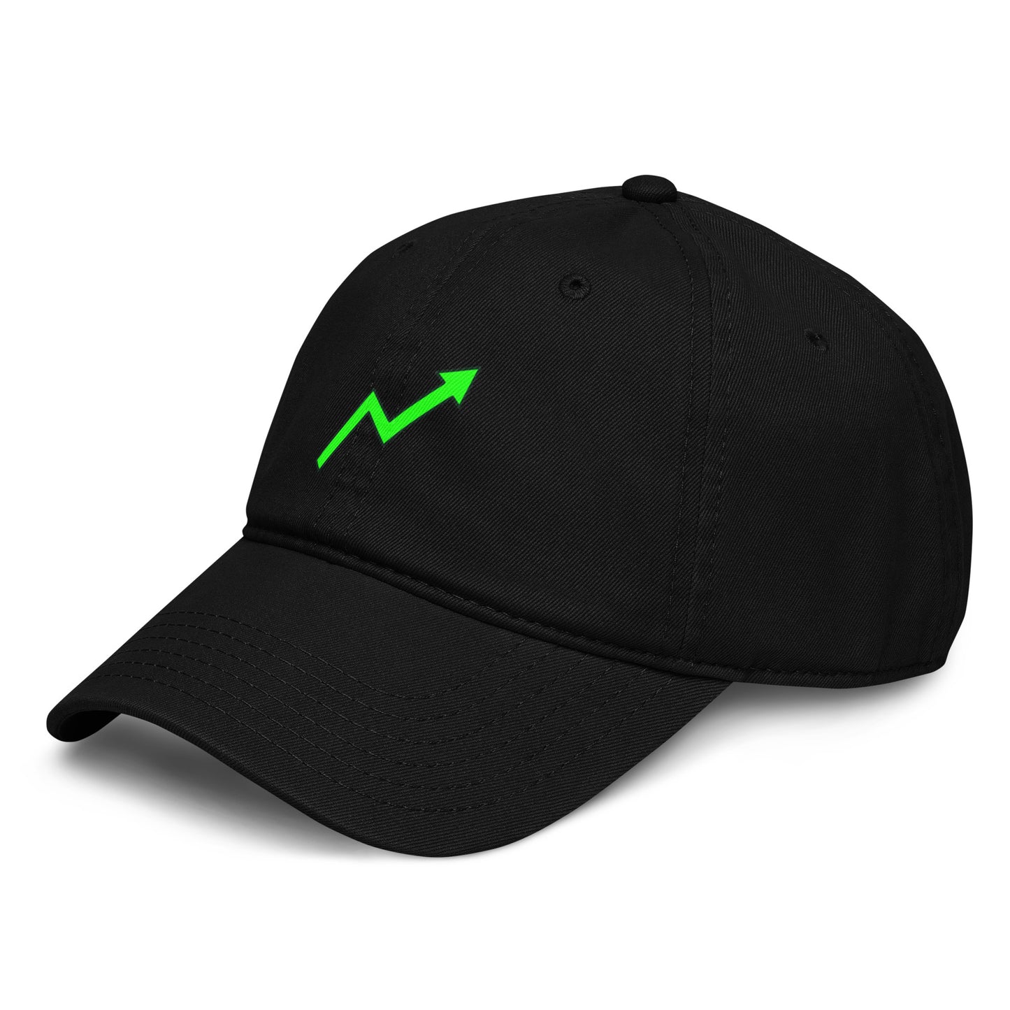 Black baseball cap featuring a bright neon-green zigzag uptrend arrow printed on the front.