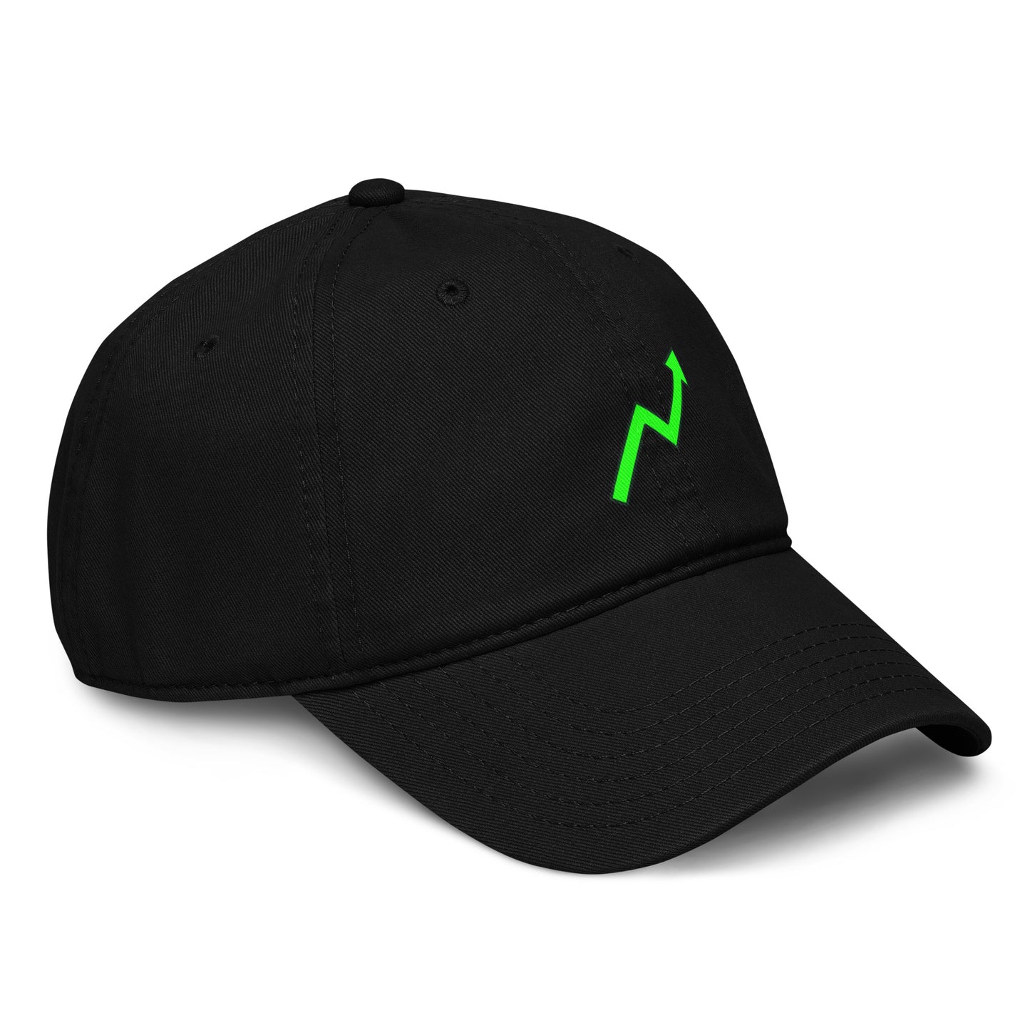 Black baseball cap featuring a bright neon-green zigzag uptrend arrow printed on the front.