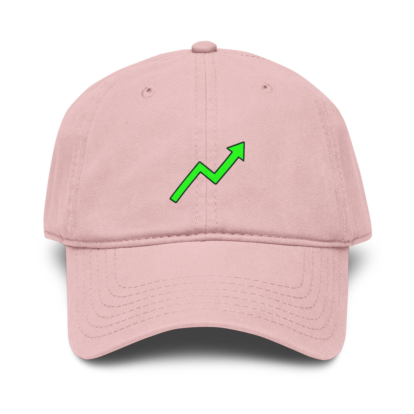 Pink baseball cap featuring a bright neon-green zigzag uptrend arrow printed on the front.