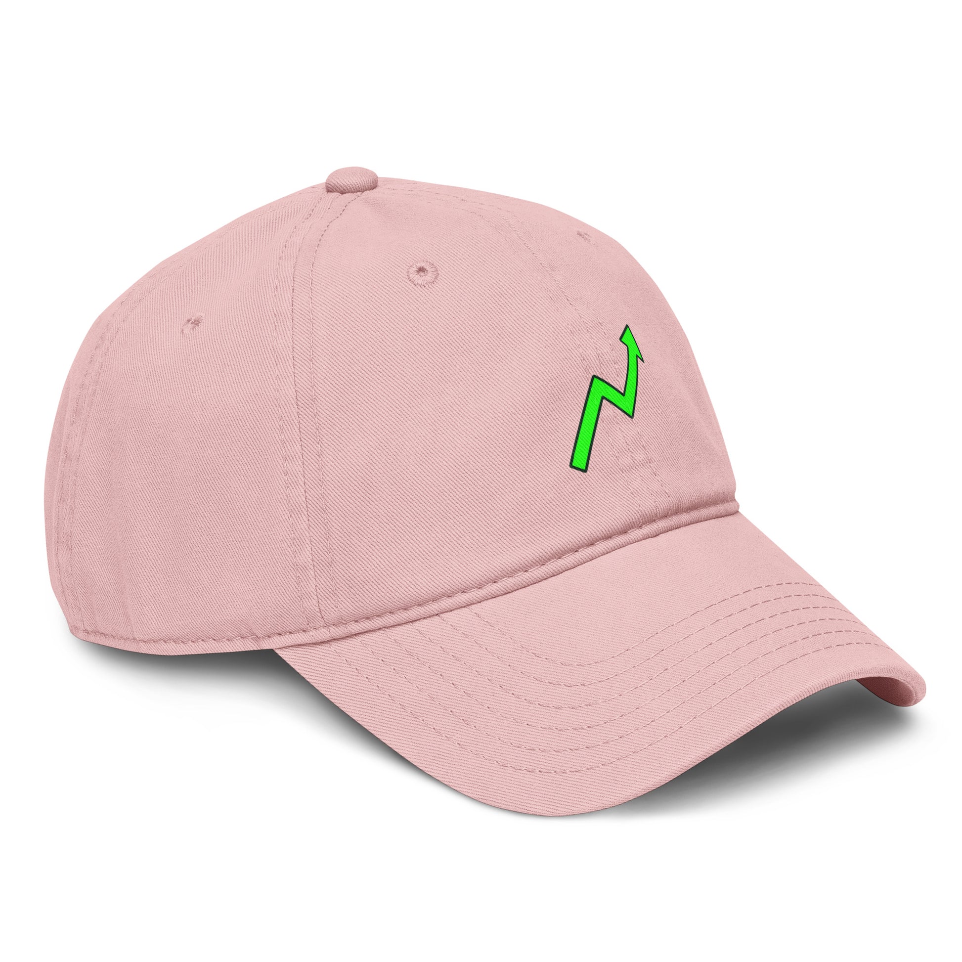 Pink baseball cap featuring a bright neon-green zigzag uptrend arrow printed on the front.