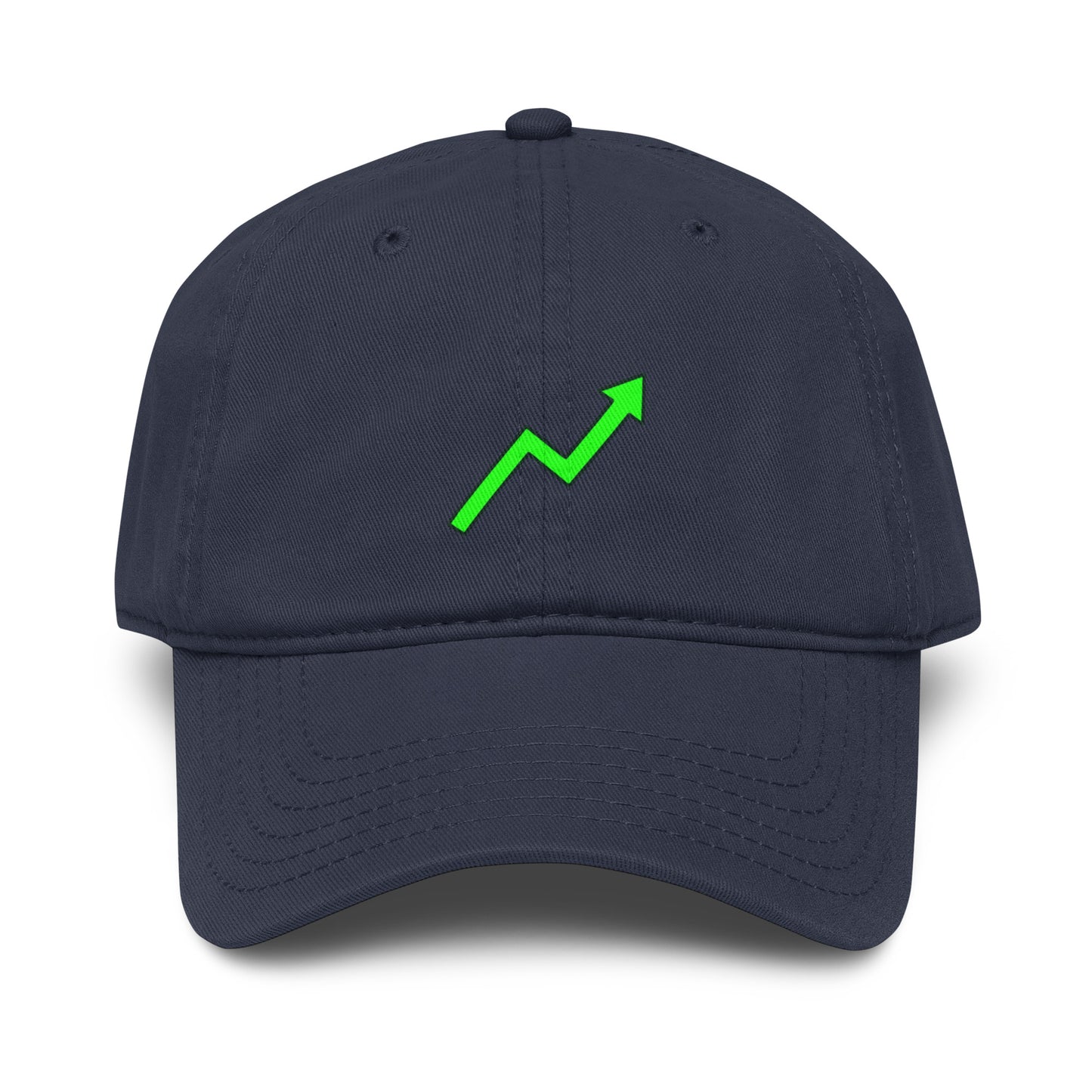 navy blue baseball cap featuring a bright neon-green zigzag uptrend arrow printed on the front.