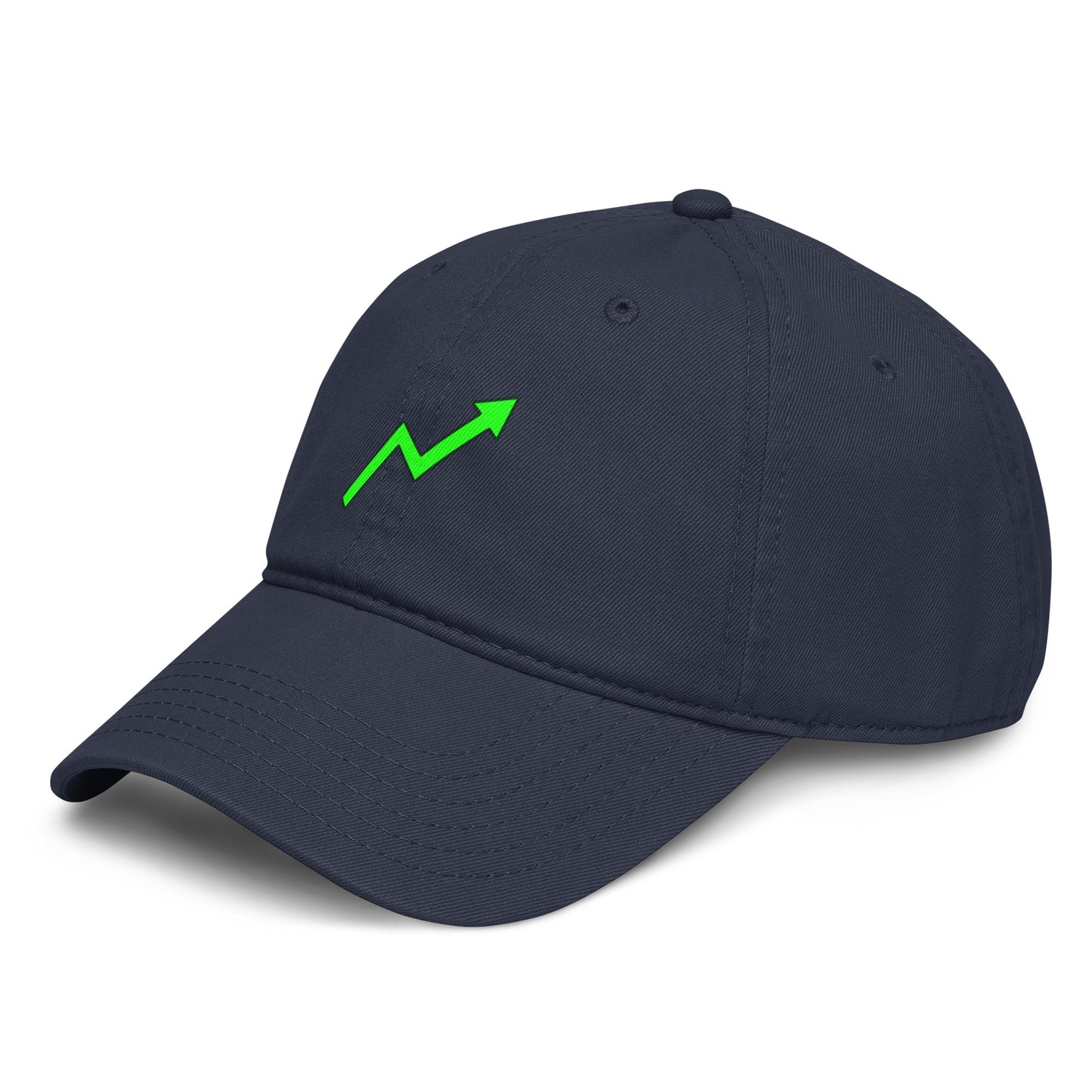 navy blue baseball cap featuring a bright neon-green zigzag uptrend arrow printed on the front.