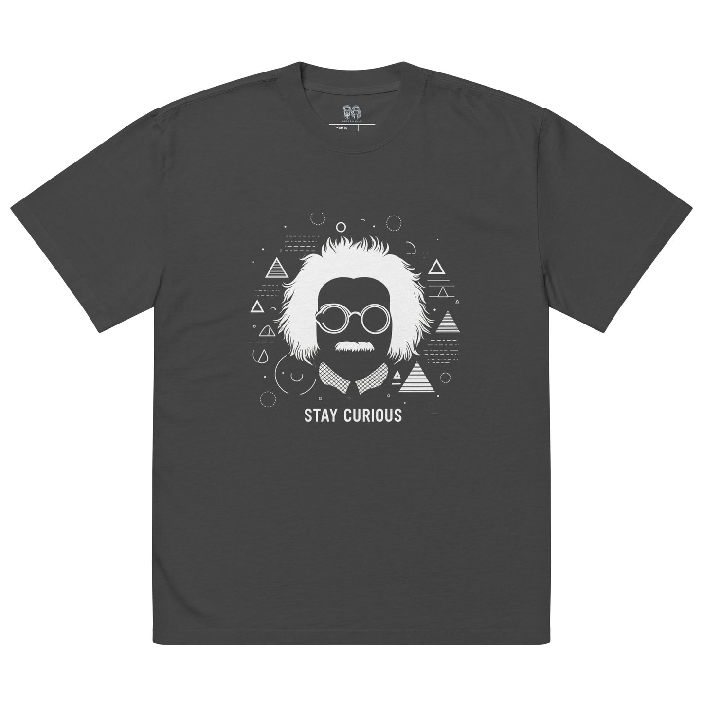 Urban Style Oversized Einstein Abstract T-Shirt featuring an abstract illustration of Albert Einstein with geometric patterns and the quote 'Stay Curious.'