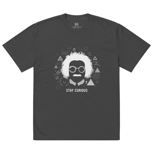 Urban Style Oversized Einstein Abstract T-Shirt featuring an abstract illustration of Albert Einstein with geometric patterns and the quote 'Stay Curious.'