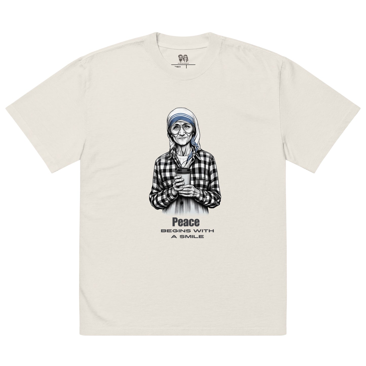 Oversized white cotton tee with Mother Teresa saying peace starts with a smile quote