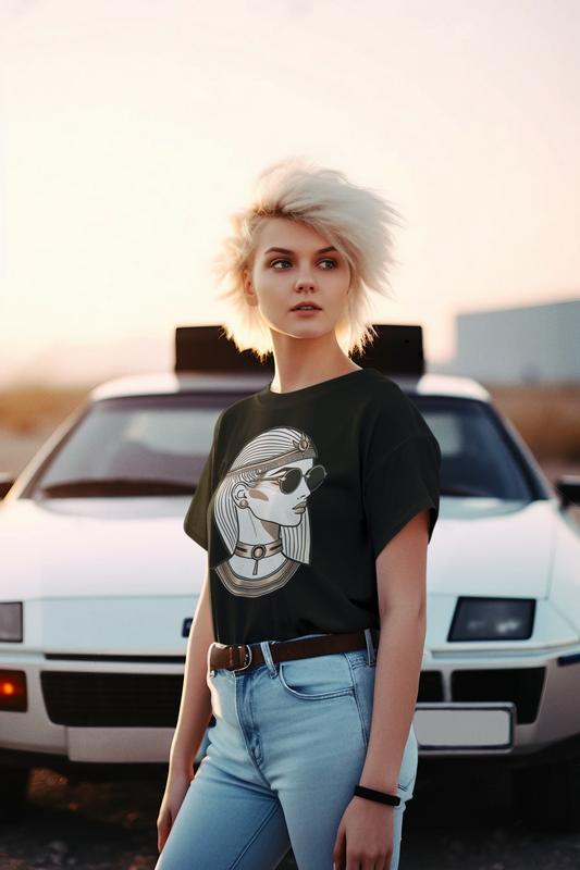 Blonde woman wearing black crew neck shirt with a print inspired by anciant Egypt women and traditional jewelry 