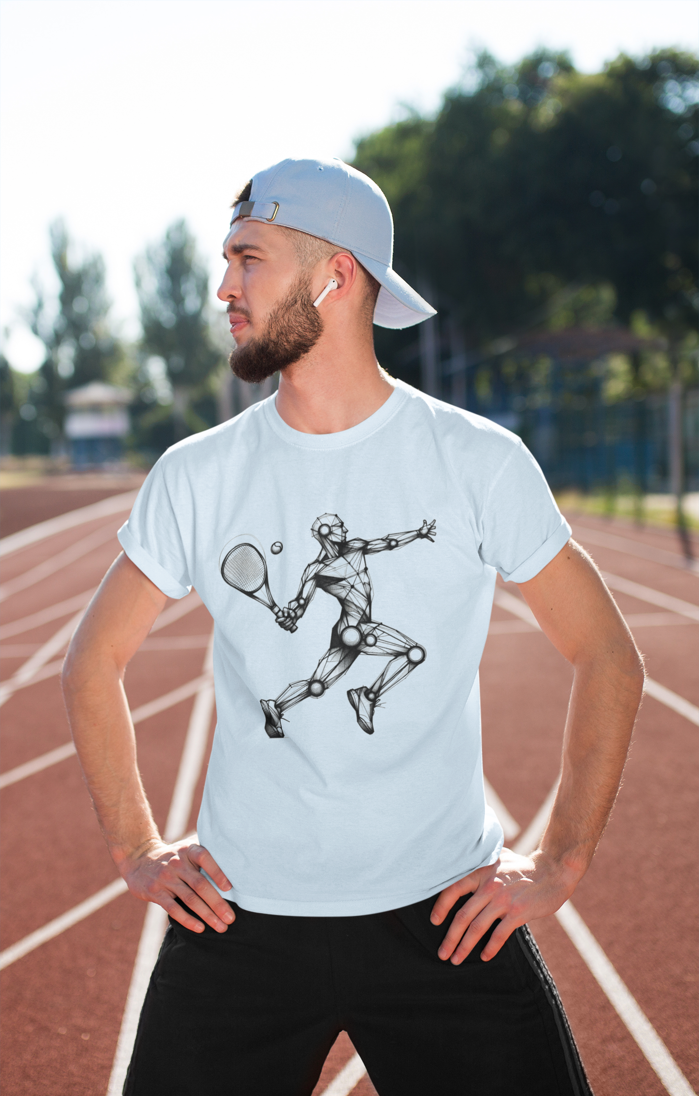 sport cool Cotton loose fit t-shirt with an artistic Wood Mannequin-style drawing of a tennis player in action, highlighting a dynamic and creative design.