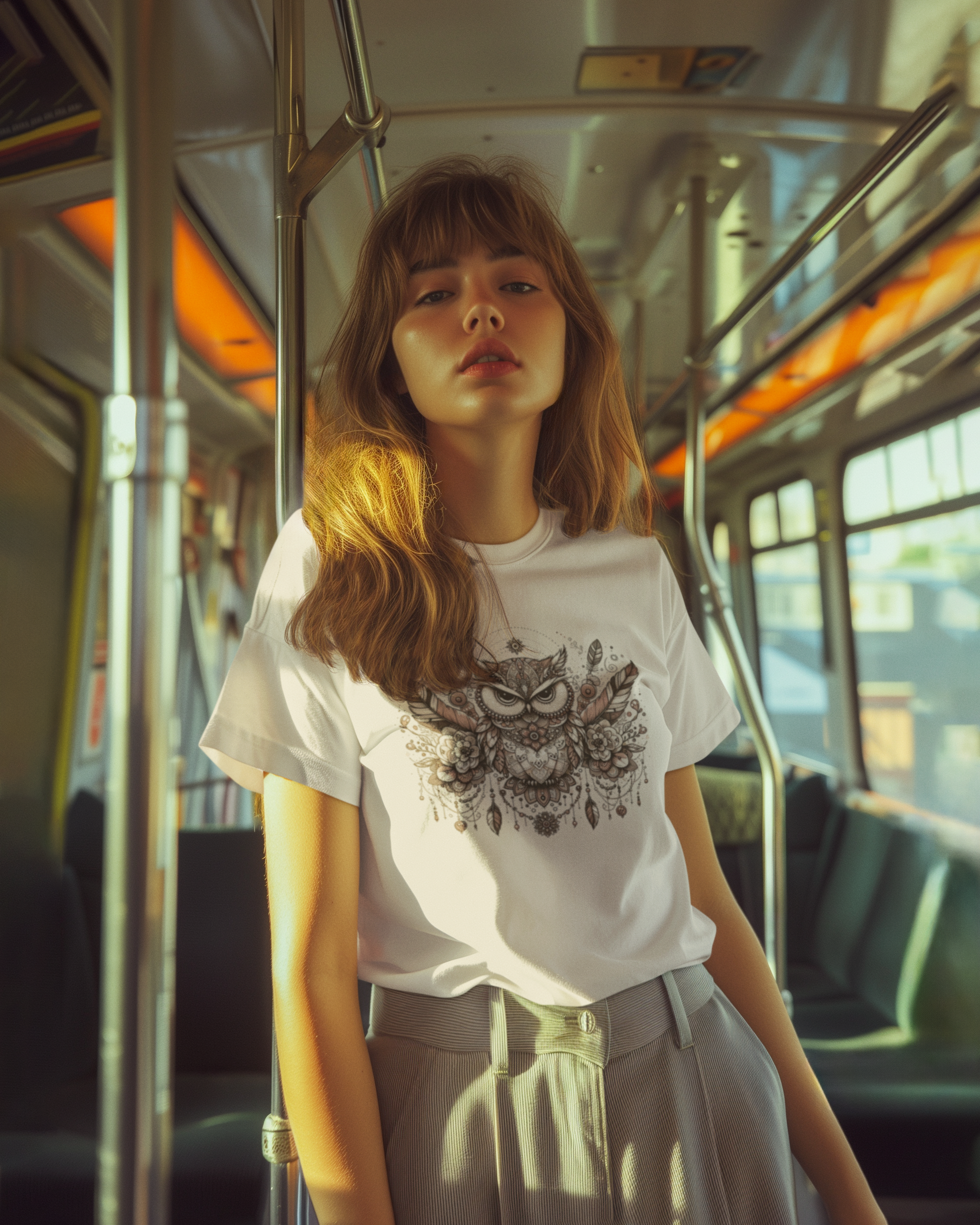 Woman wearing a white t-shirt with an intricate owl design featuring floral and feather details from the Catching Dreams Collection, paired with high-waisted trousers