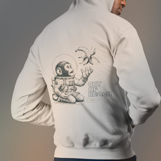 Back view of white raglan hoodie with space monkey and banana graphic.