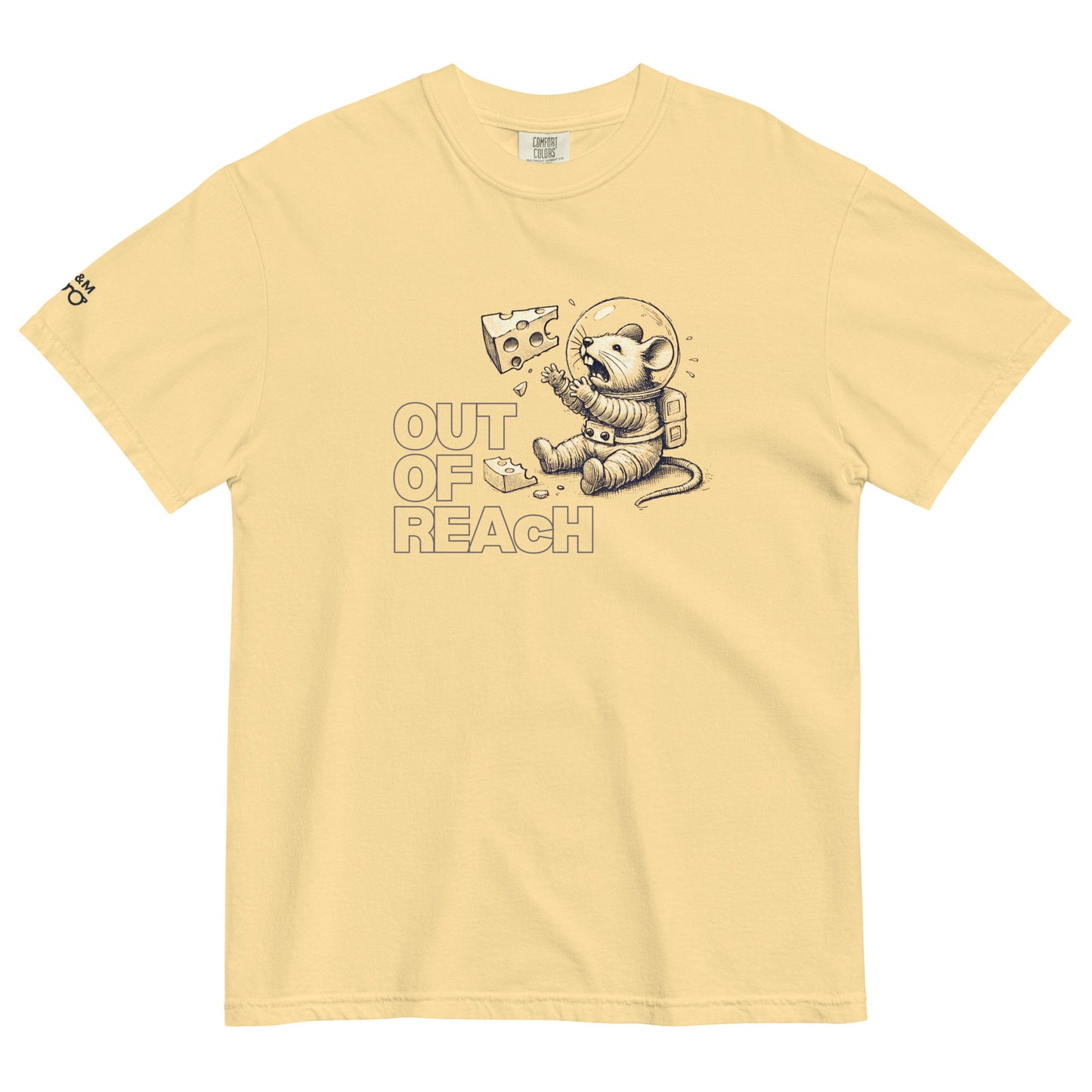 Close‑up of space mouse and cheese graphic on yellow T‑shirt