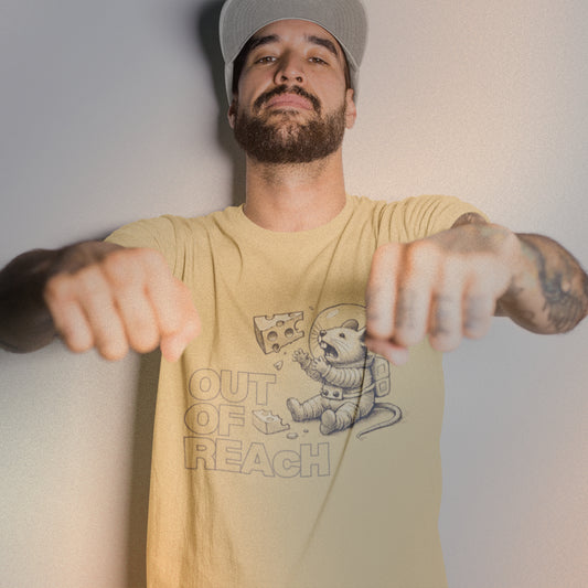 Man wearing butter-coloured Space Mouse graphic tee