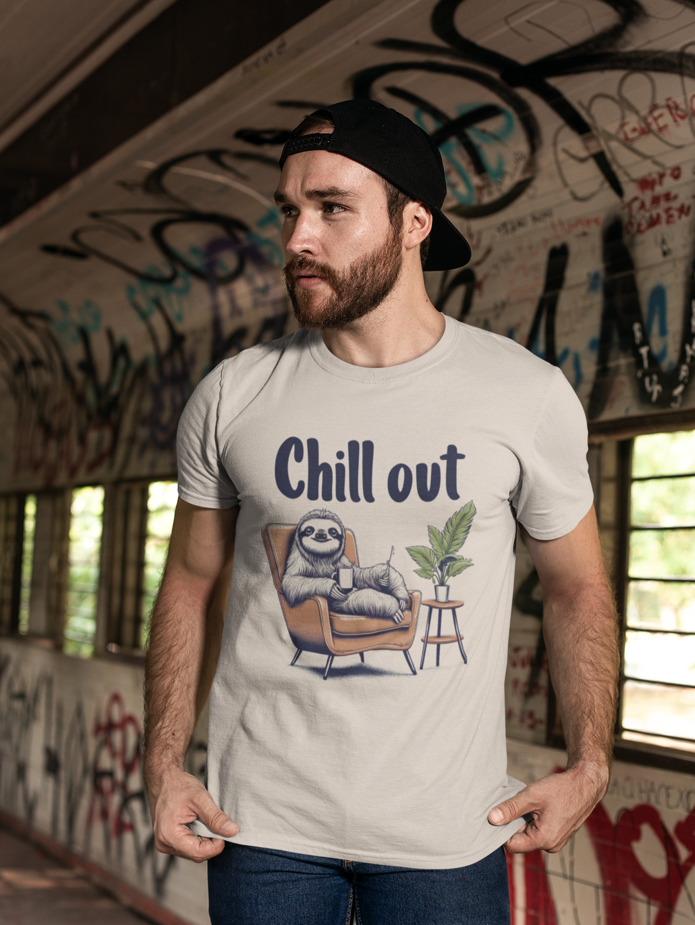 cool dude Cotton t-shirt featuring a sloth lounging in a chair with the text 'Chill Out', perfect for those who love relaxed and fun apparel.