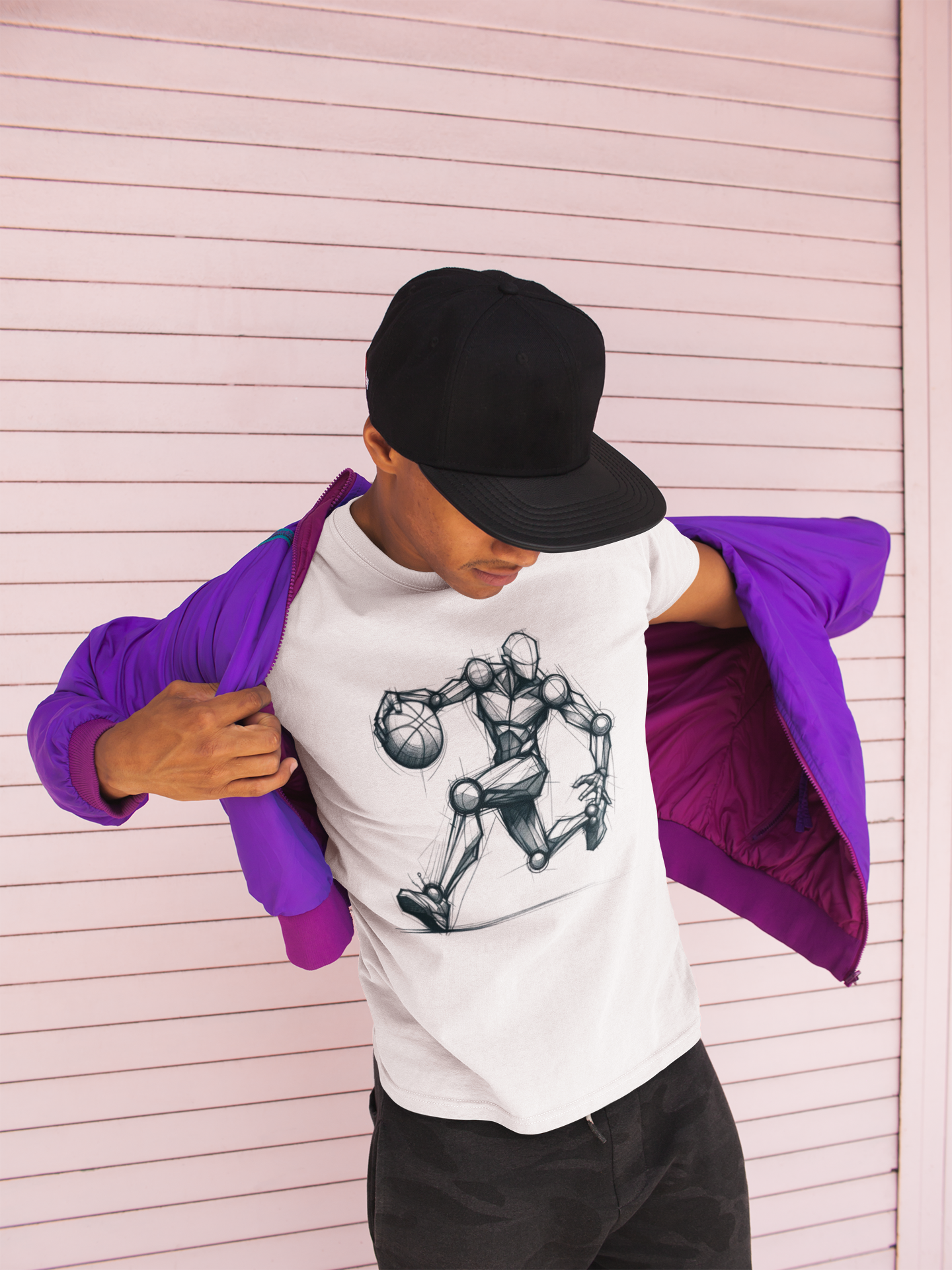 Cool Dude Cotton loose fit t-shirt with an artistic Len mannequin-style drawing of a basketball player in motion, highlighting dynamic and creative design.