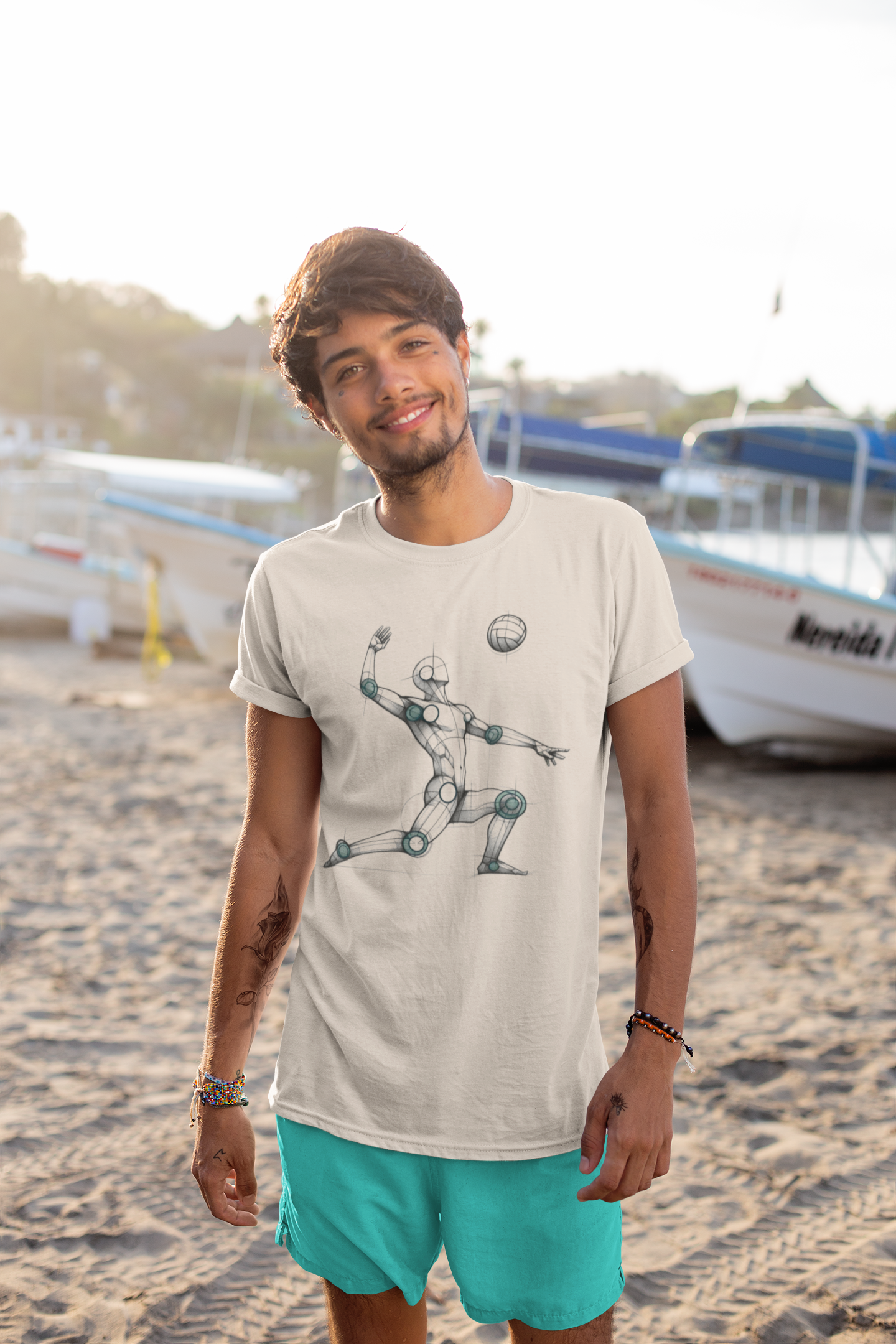 Loose Fit T-Shirt with Len Mannequin-Inspired Volleyball Design on the beach cool