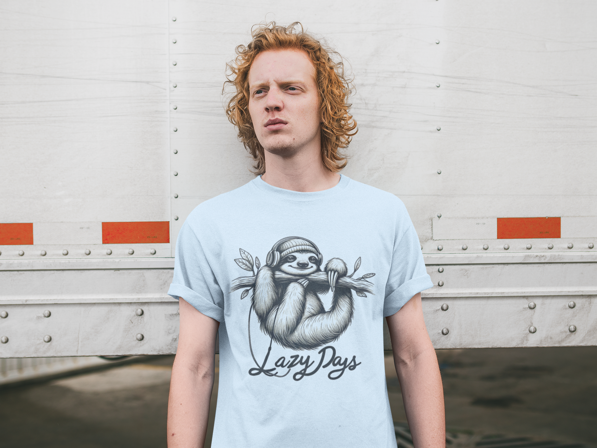 cool boys t-shirt featuring a sloth lounging on a branch with headphones and the text 'Lazy Days', ideal for those who enjoy a relaxed and fun look.