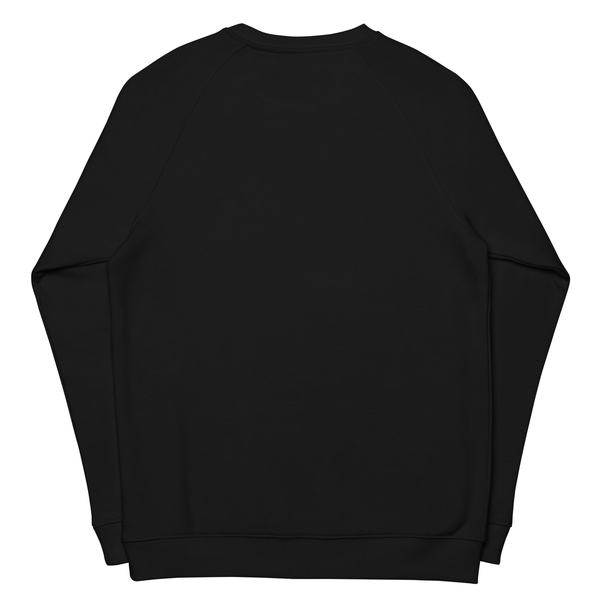the back of a Black crew neck raglan sweatshirt made from organic cotton with a text print saying badass