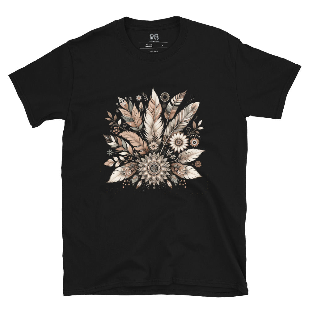 Black tee with feathers and boho mandalas print