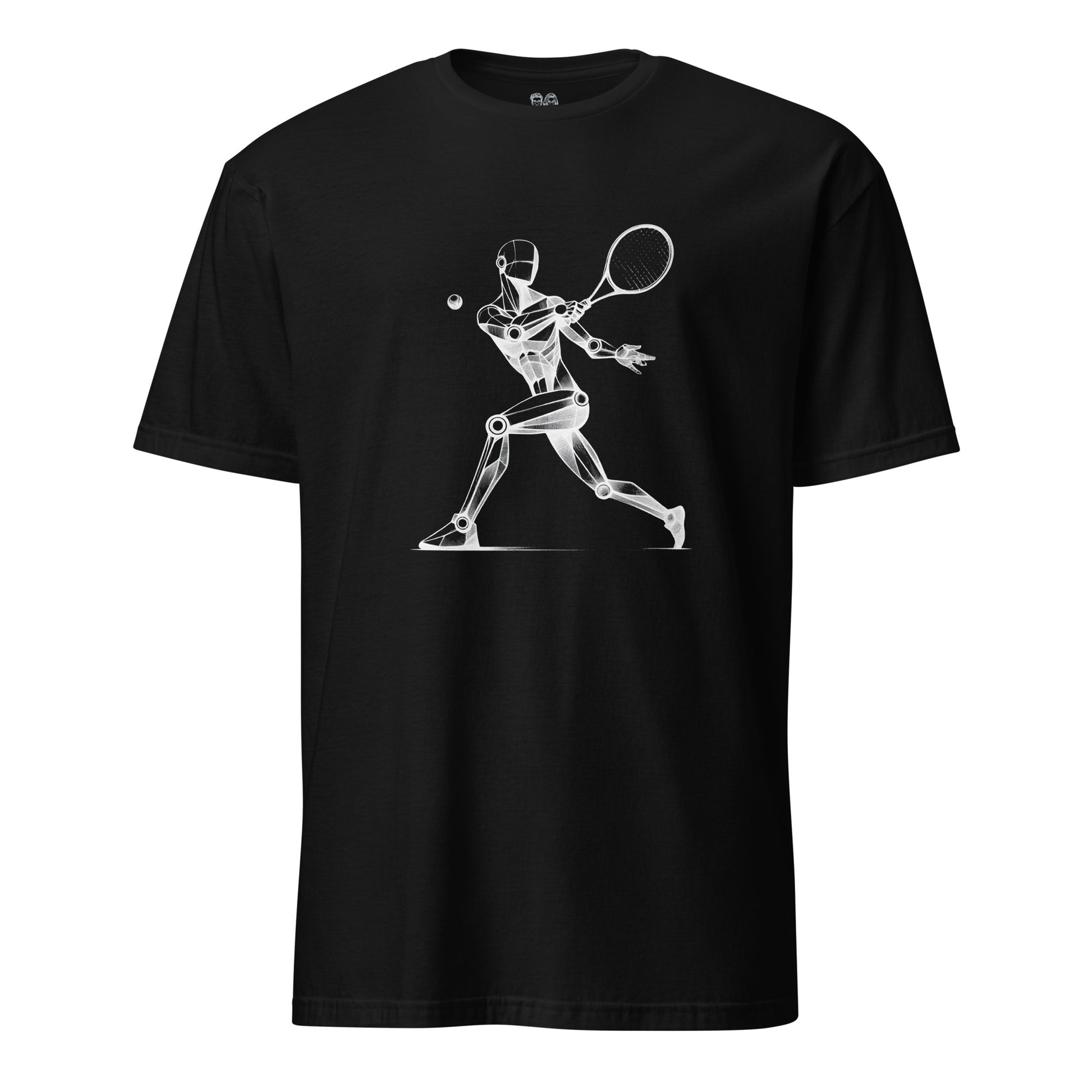 Black cotton t-shirt with an artistic Wood Mannequin-style drawing of a tennis player in action, highlighting dynamic and creative design ideal for tennis enthusiasts.